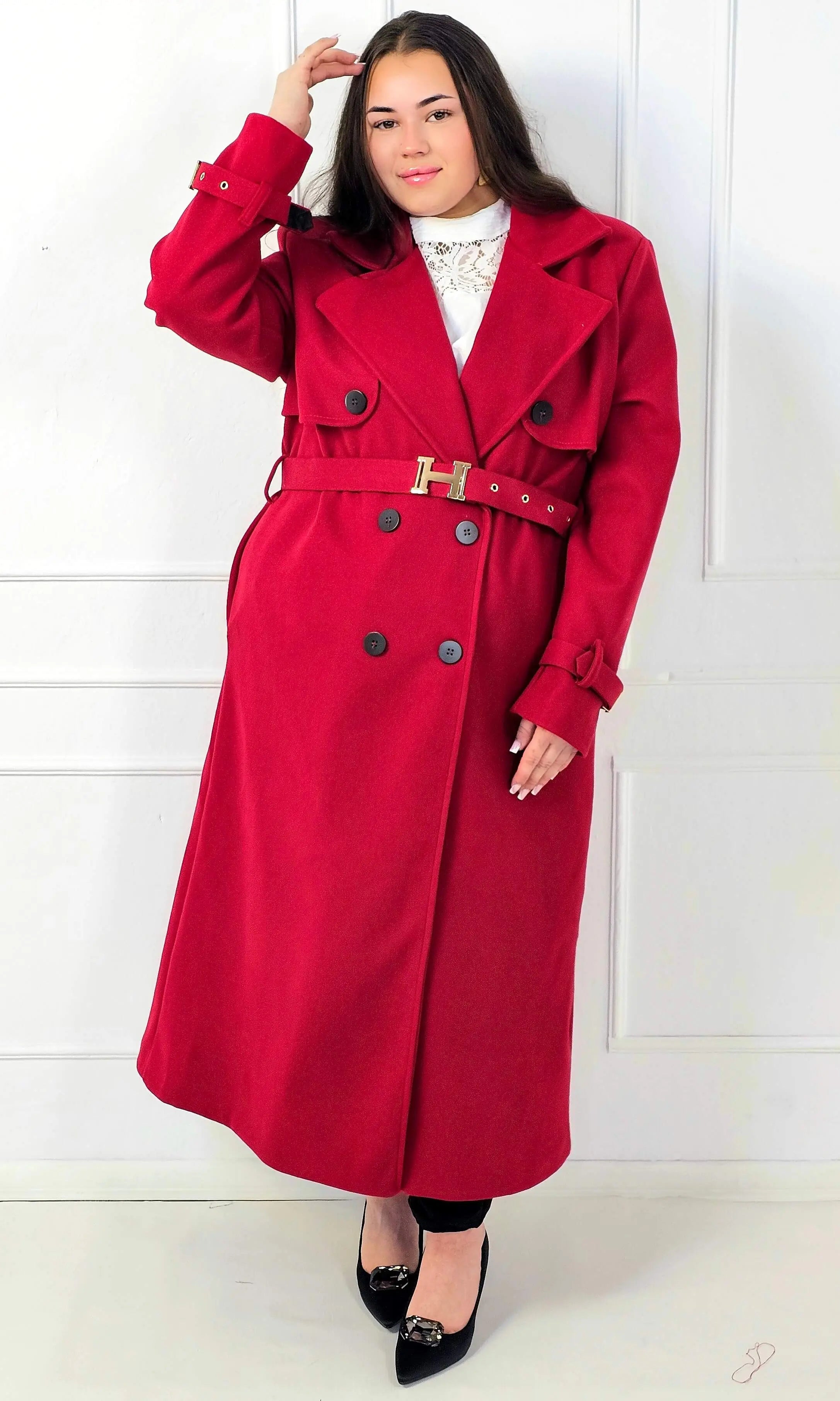 Płaszcz plus size dwurzędowy z paskiem – elegancki płaszcz XXL Stylowa XL
