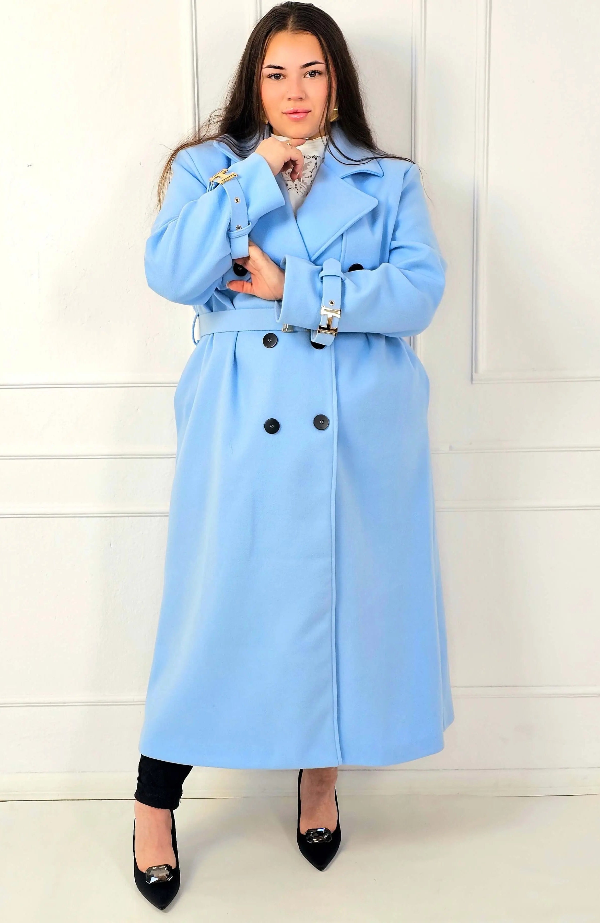 Płaszcz plus size dwurzędowy z paskiem – elegancki płaszcz XXL Stylowa XL