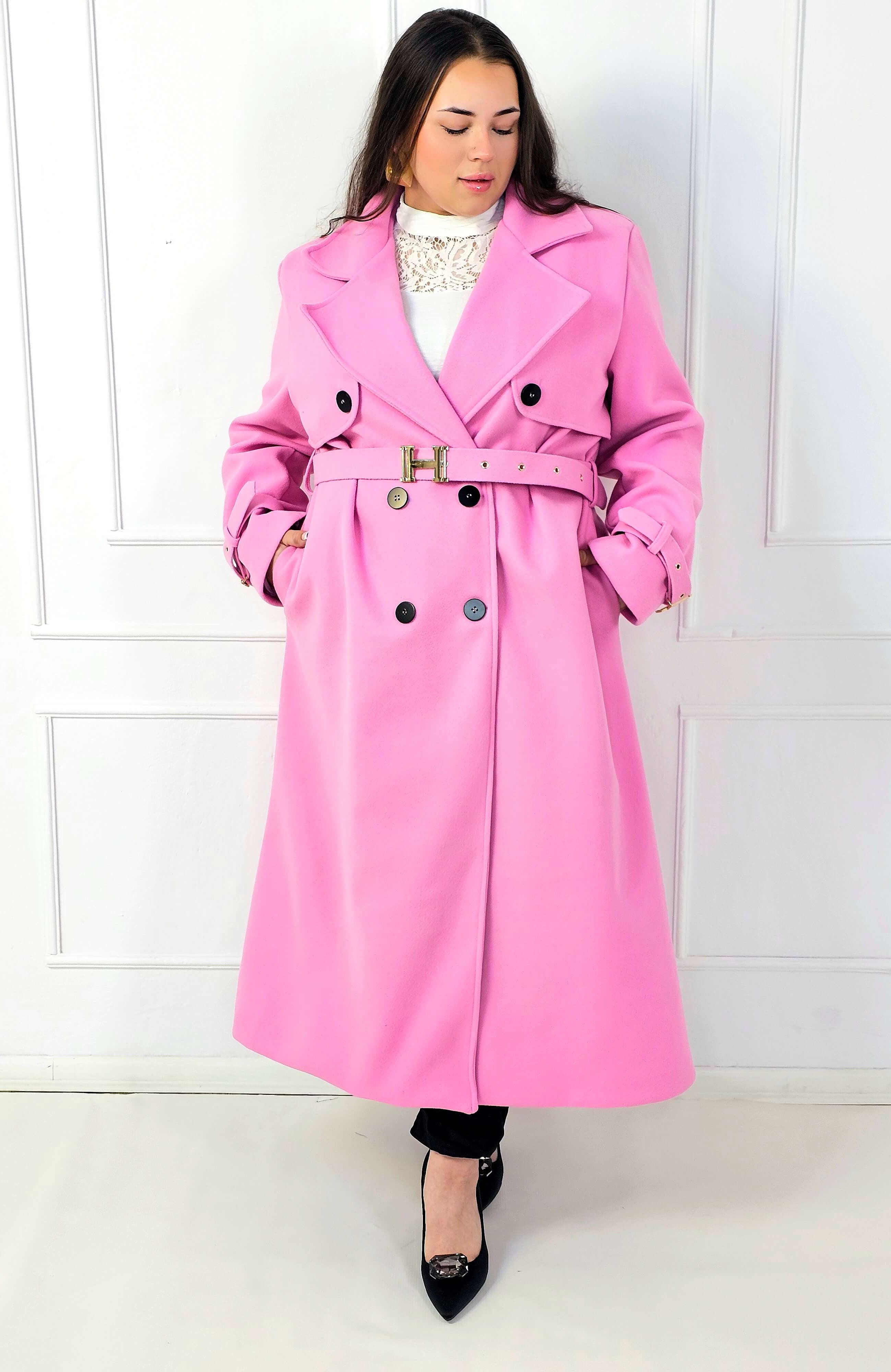 Płaszcz plus size dwurzędowy z paskiem – elegancki płaszcz XXL Stylowa XL