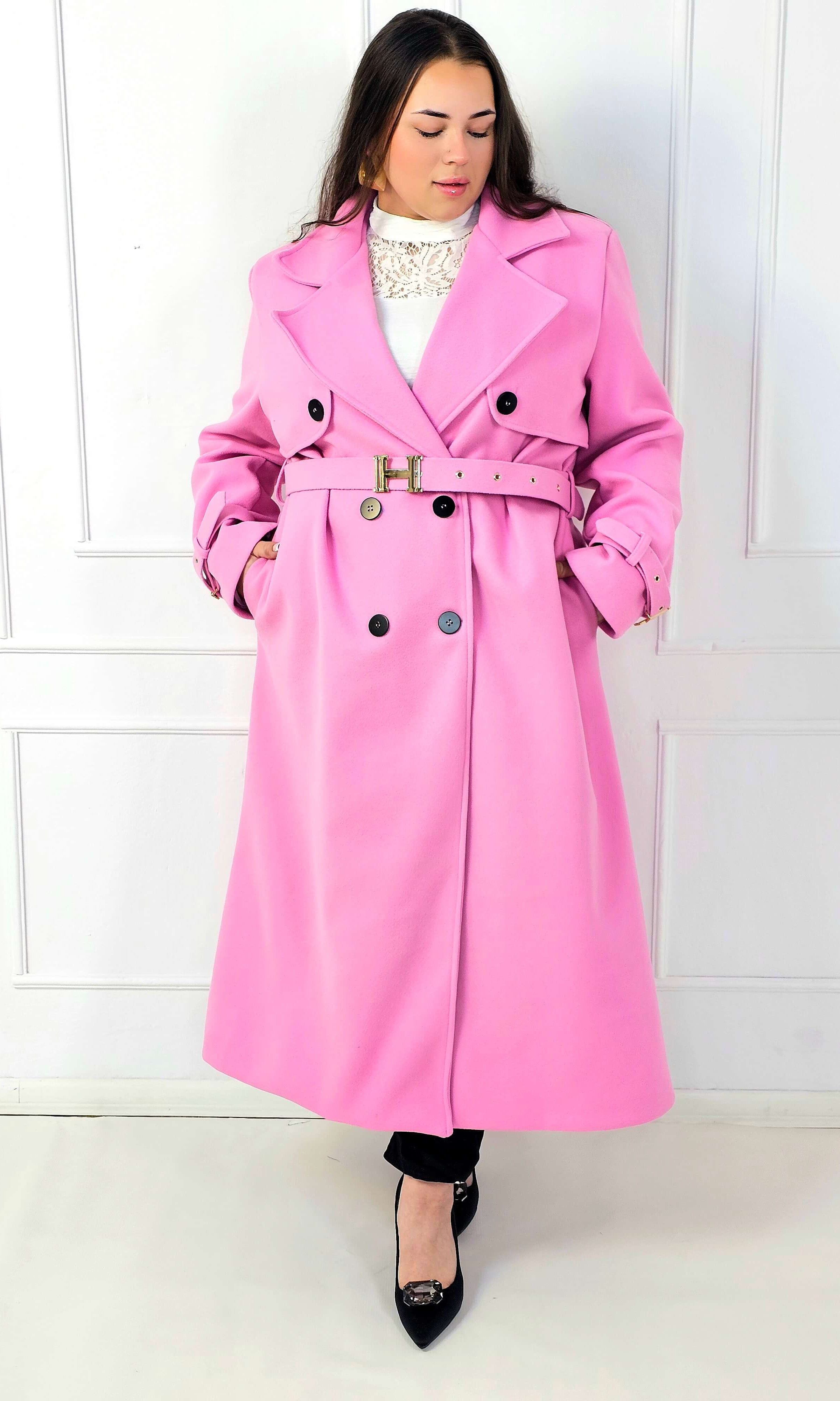 Płaszcz plus size dwurzędowy z paskiem – elegancki płaszcz XXL Stylowa XL