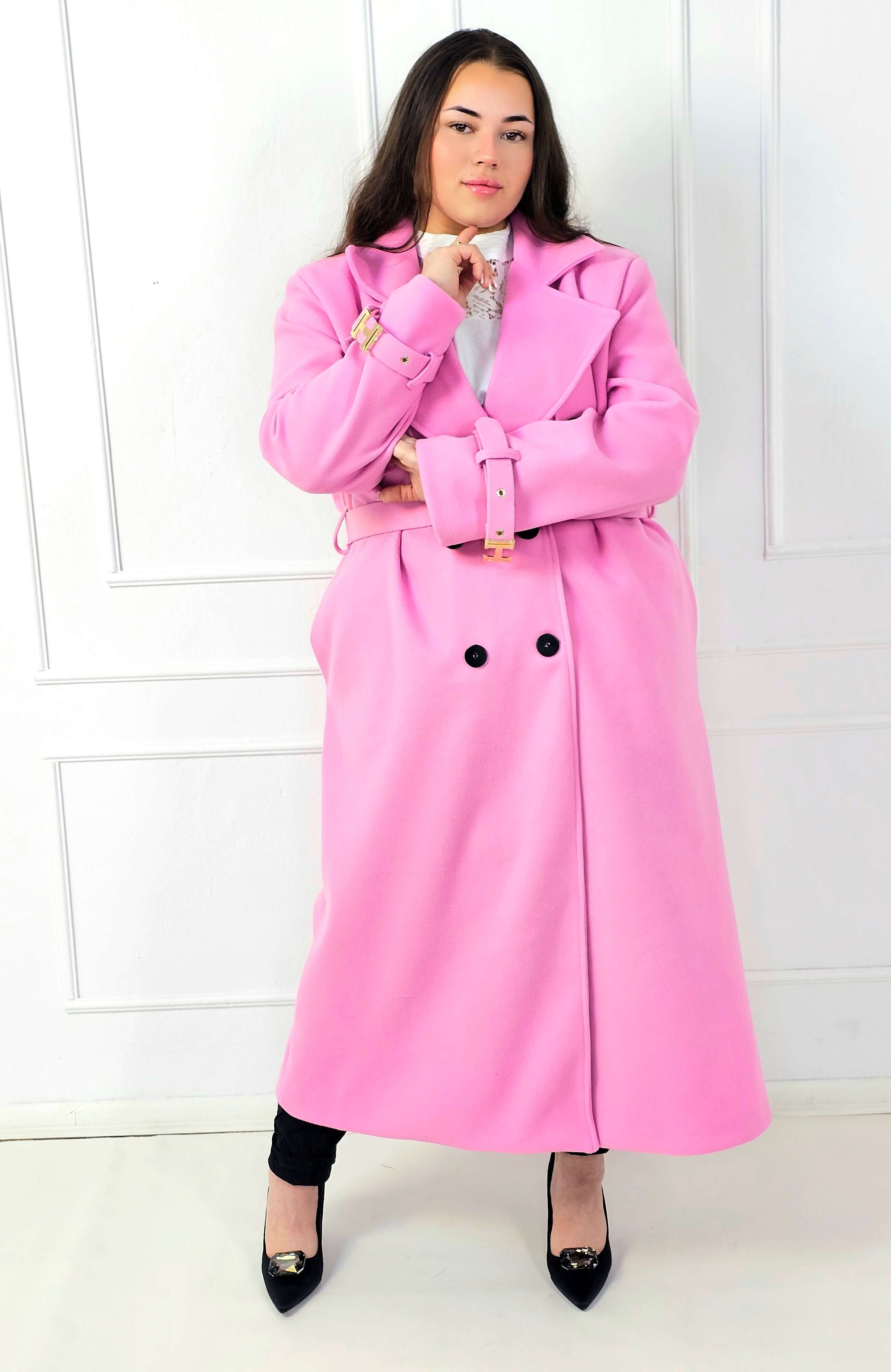 Płaszcz plus size dwurzędowy z paskiem – elegancki płaszcz XXL Stylowa XL