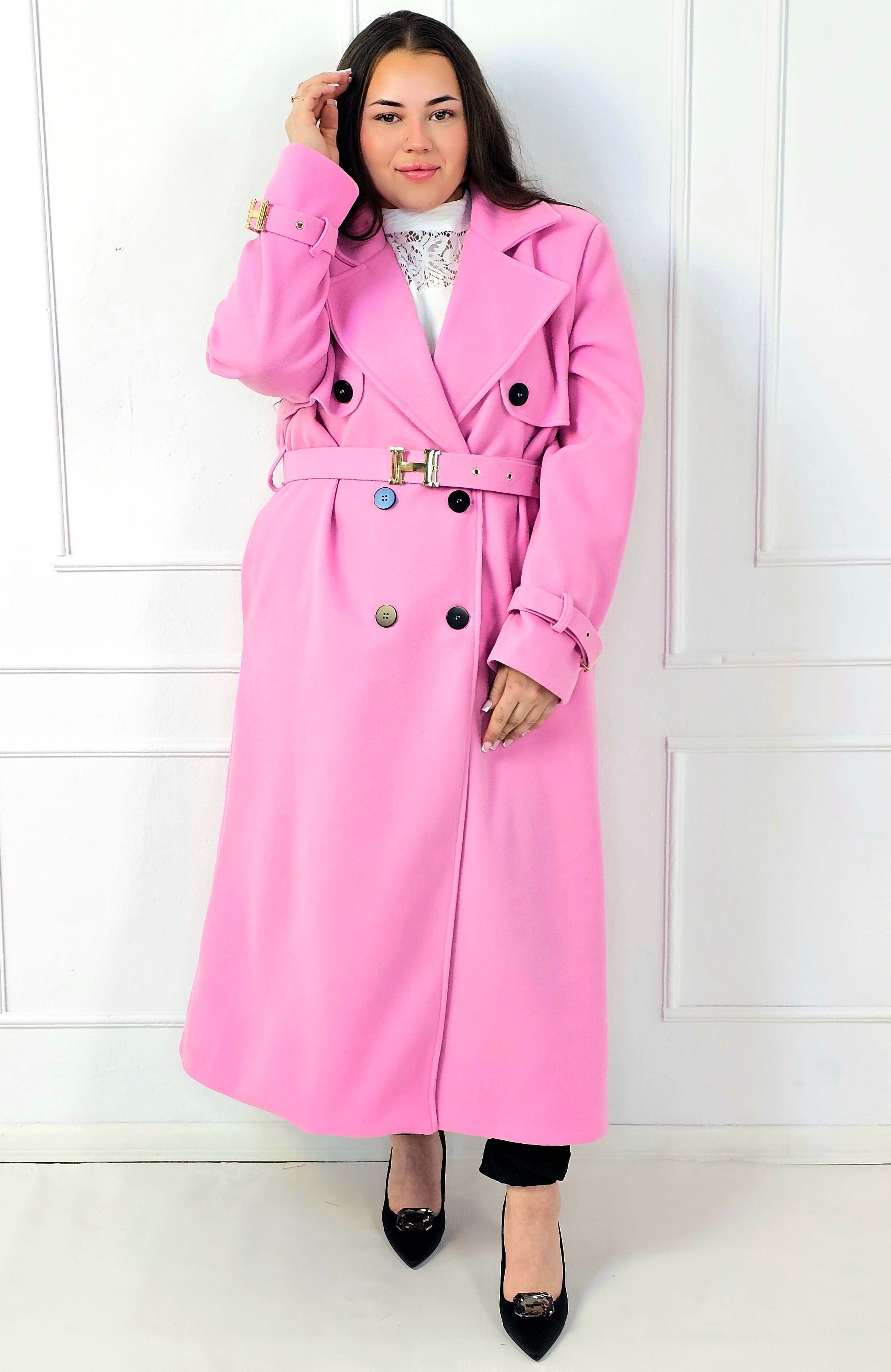 Płaszcz plus size dwurzędowy z paskiem – elegancki płaszcz XXL Stylowa XL