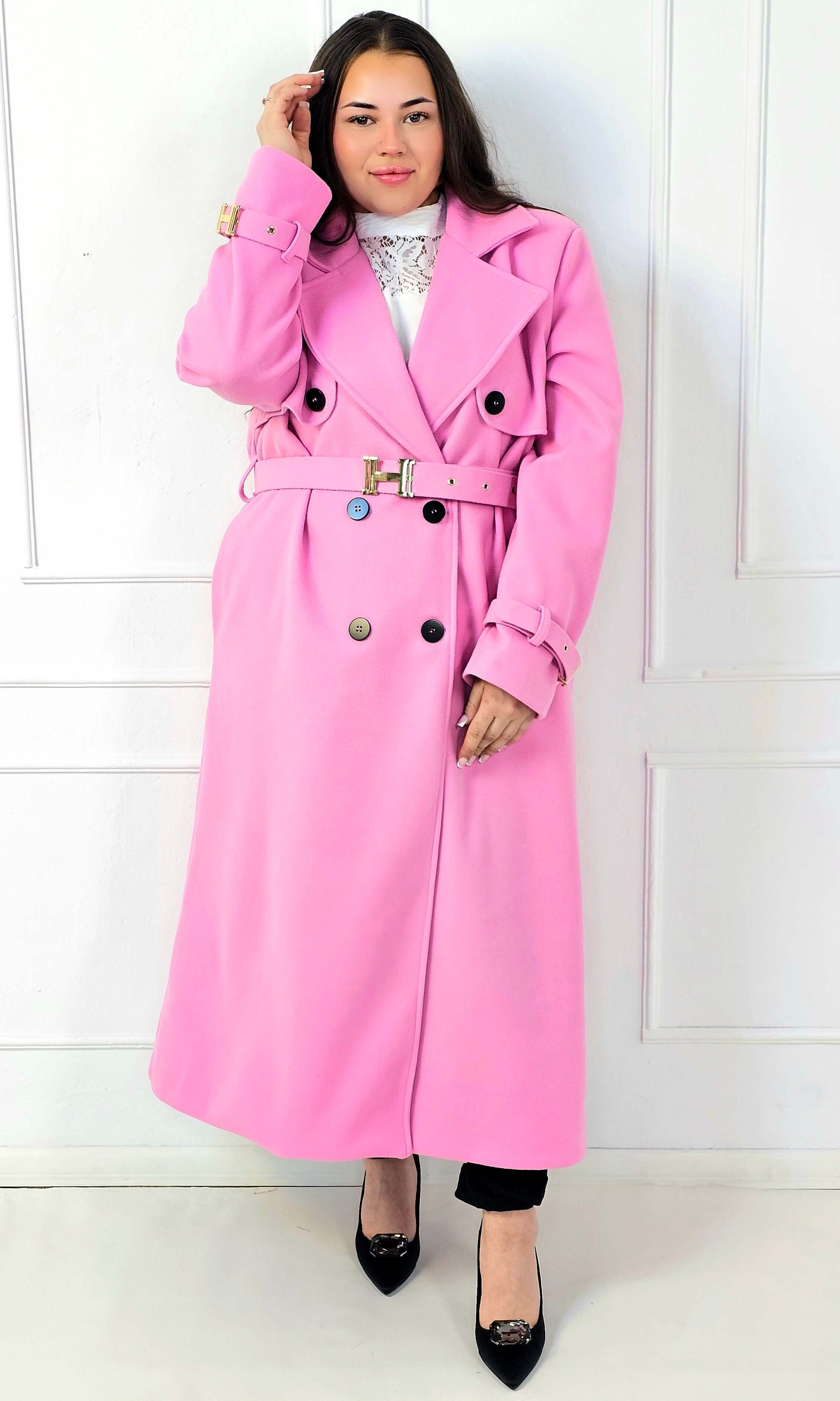 Płaszcz plus size dwurzędowy z paskiem – elegancki płaszcz XXL Stylowa XL