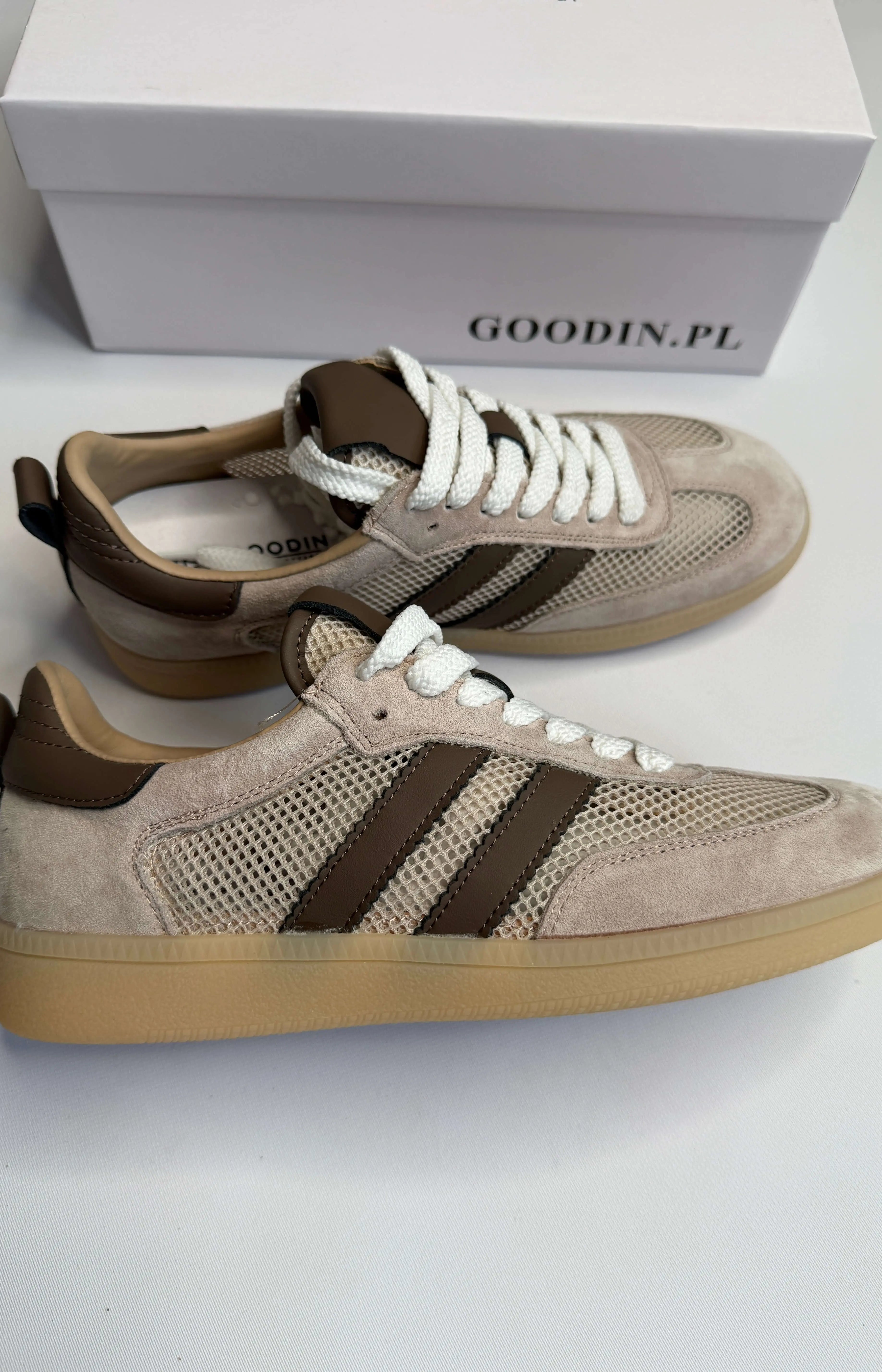 Sneakersy damskie beżowe z siateczką i brązowymi paskami Goodin Stylowa XL