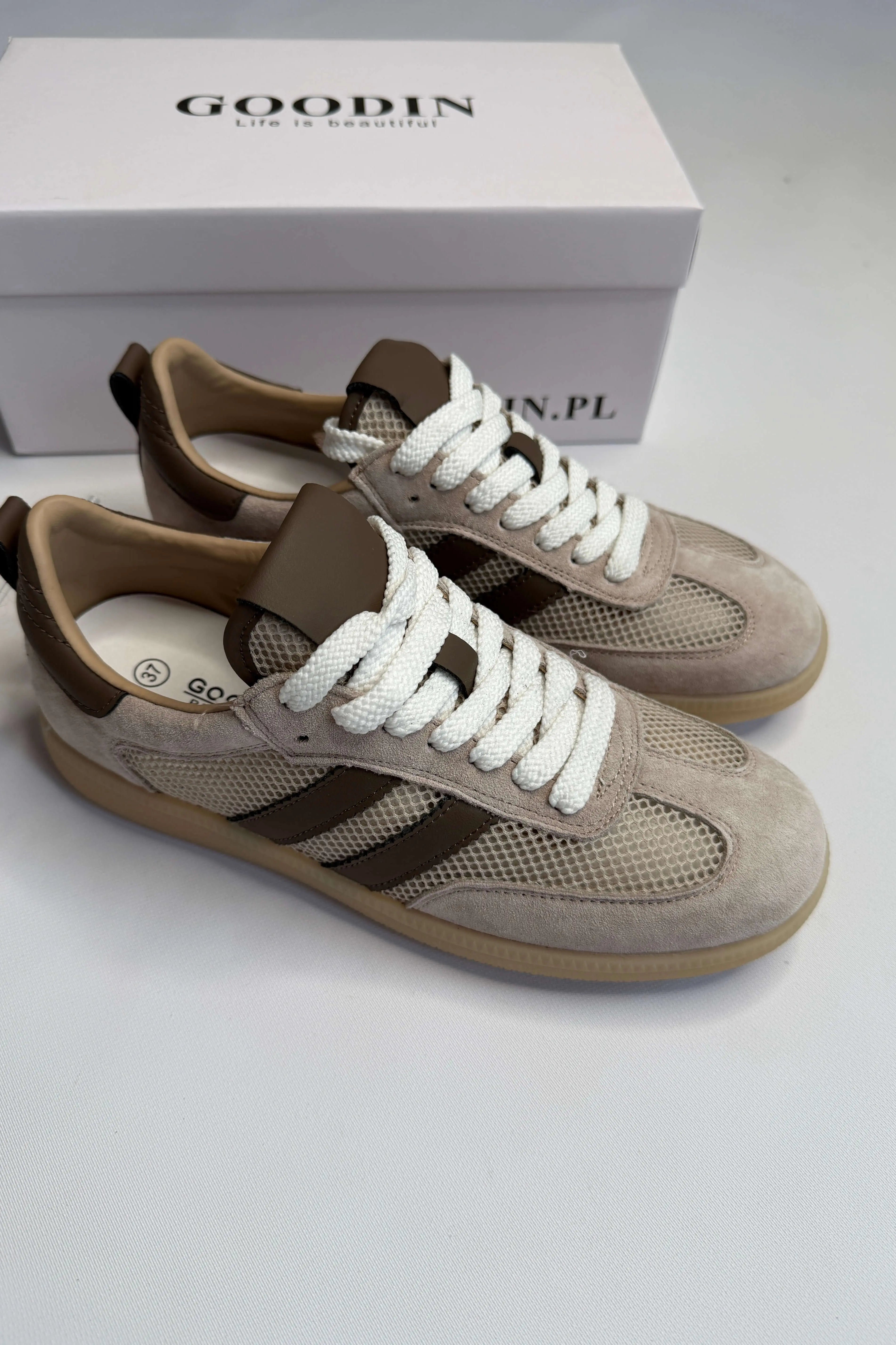 Sneakersy damskie beżowe z siateczką i brązowymi paskami Goodin Stylowa XL