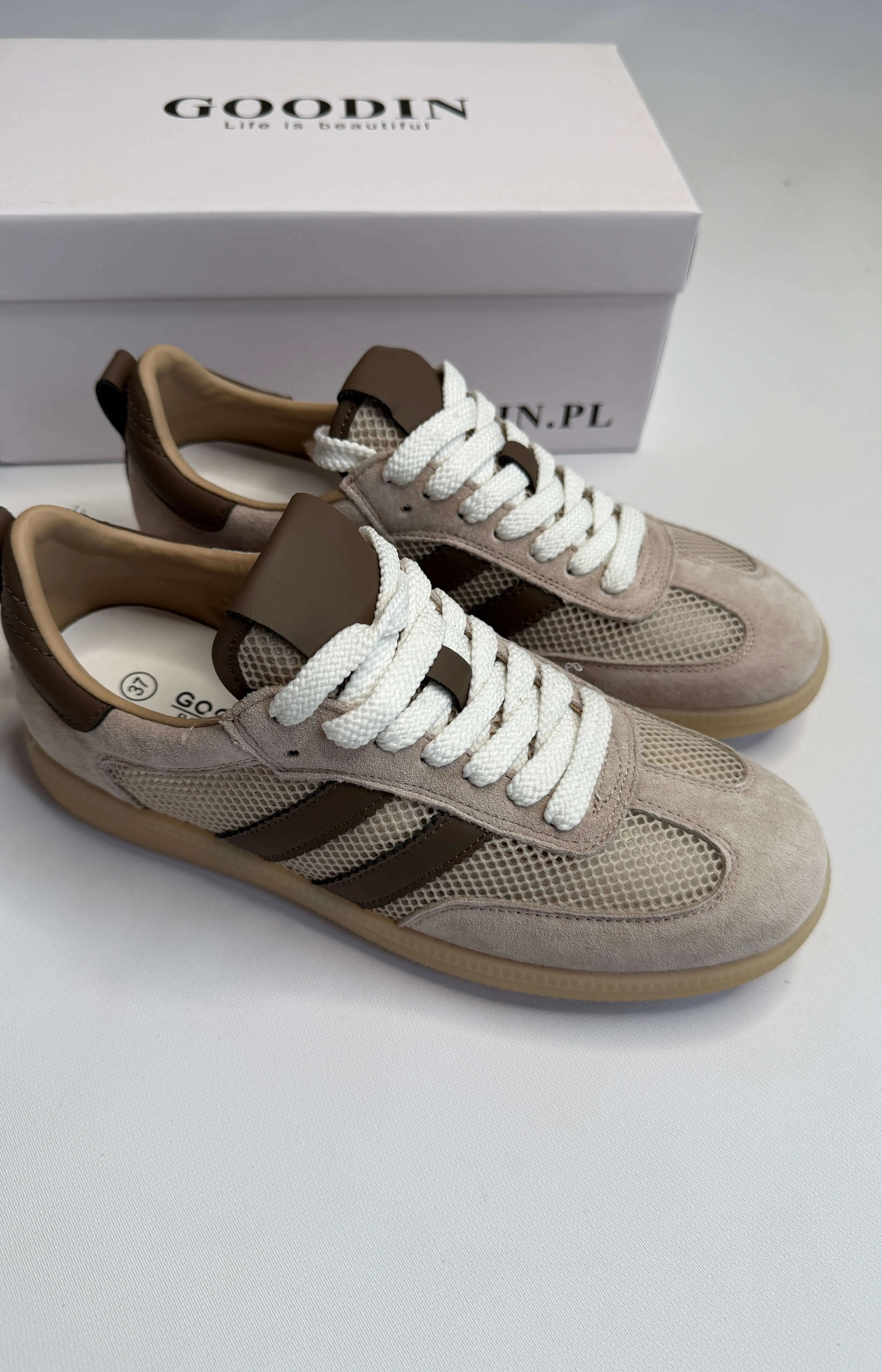 Sneakersy damskie beżowe z siateczką i brązowymi paskami Goodin Stylowa XL