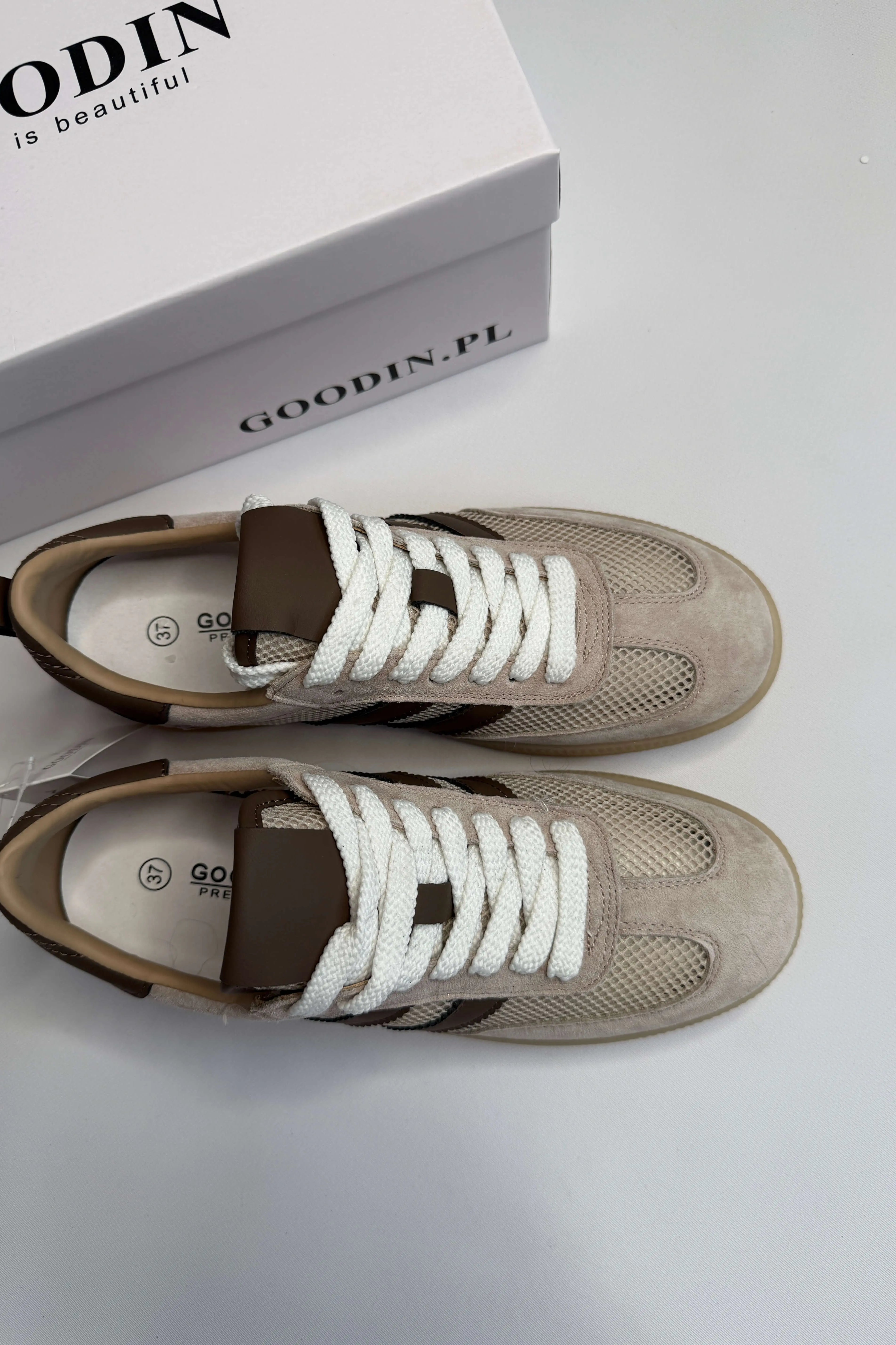 Sneakersy damskie beżowe z siateczką i brązowymi paskami Goodin Stylowa XL