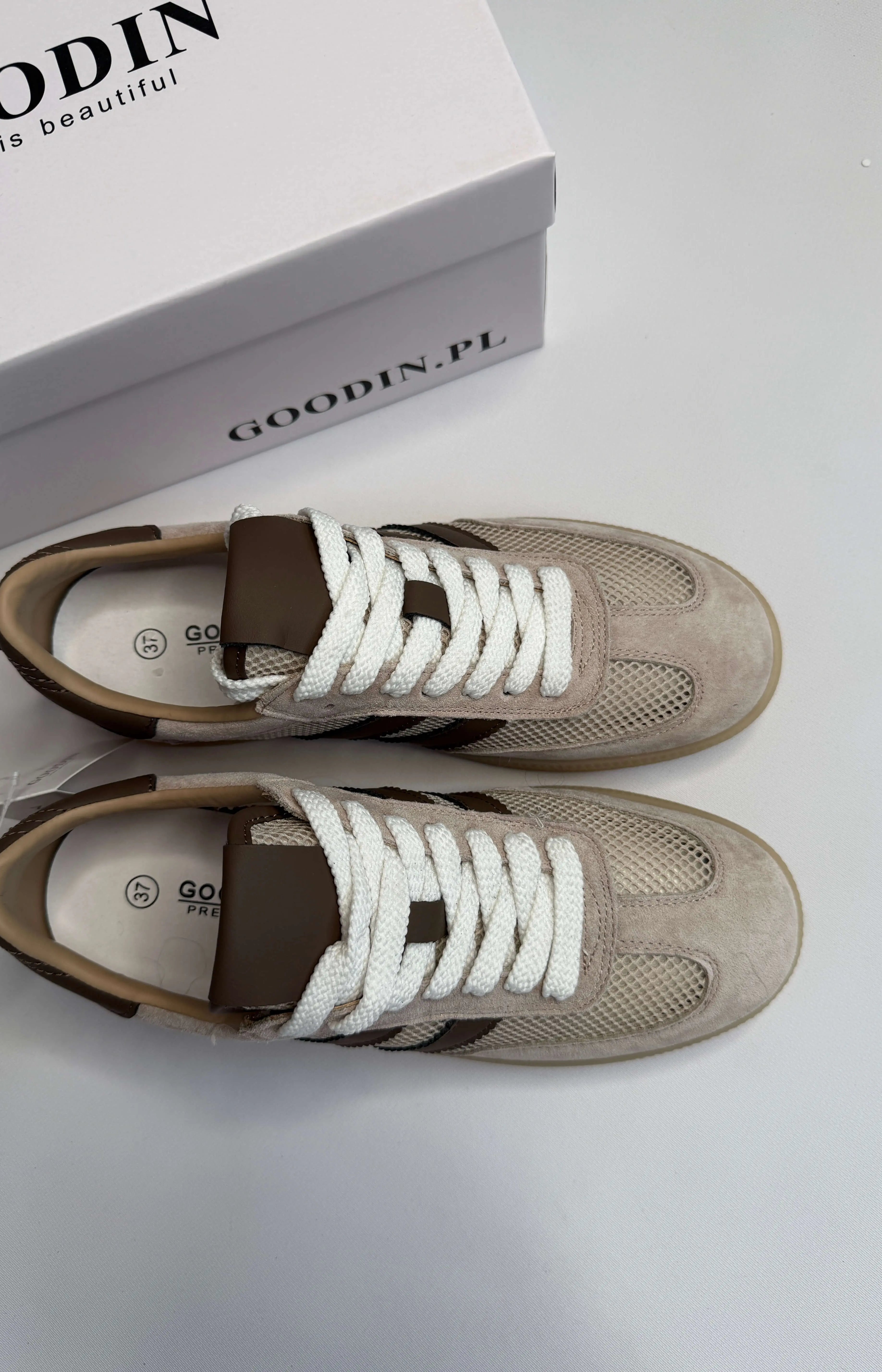 Sneakersy damskie beżowe z siateczką i brązowymi paskami Goodin Stylowa XL