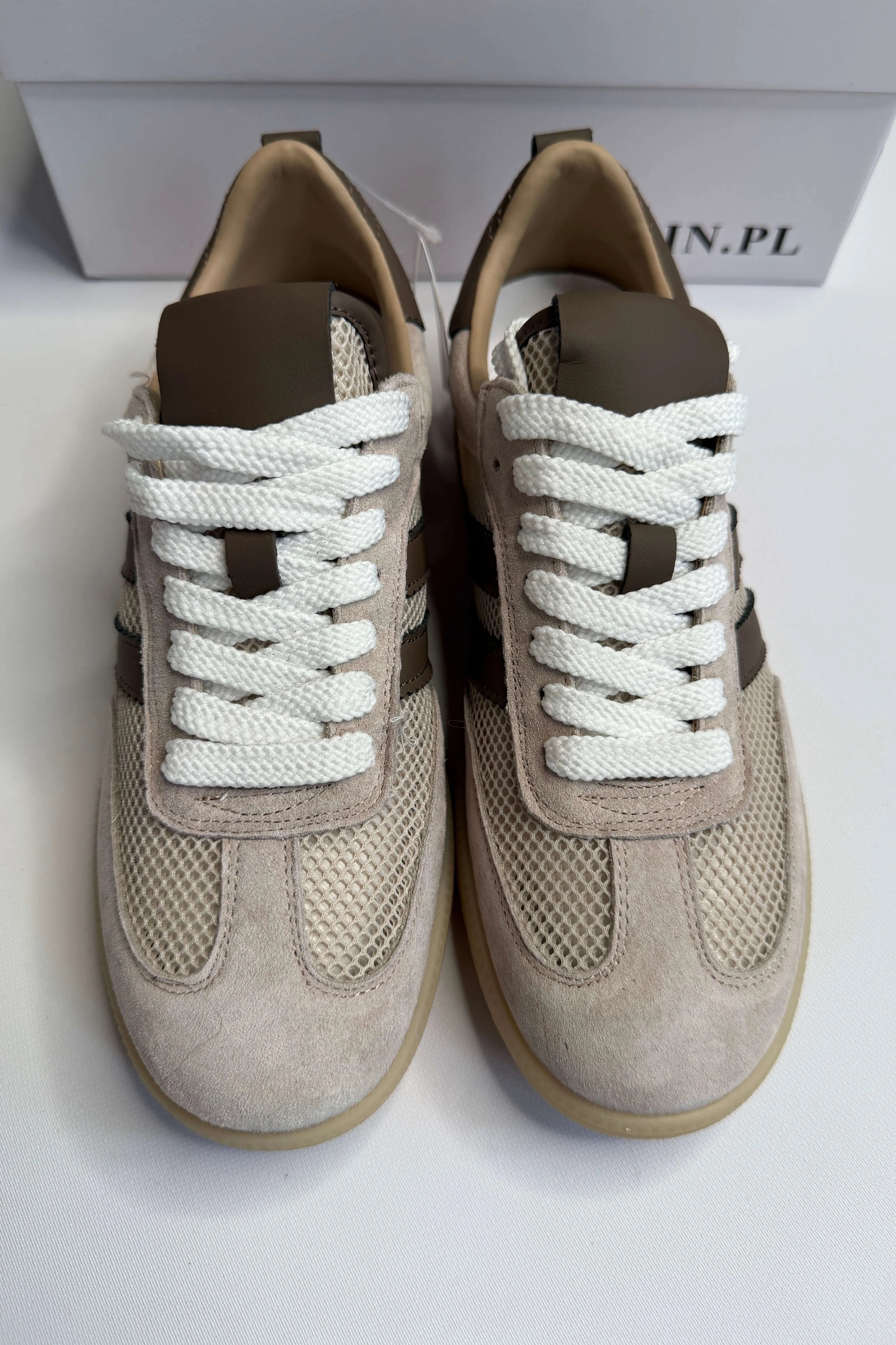 Sneakersy damskie beżowe z siateczką i brązowymi paskami Goodin Stylowa XL