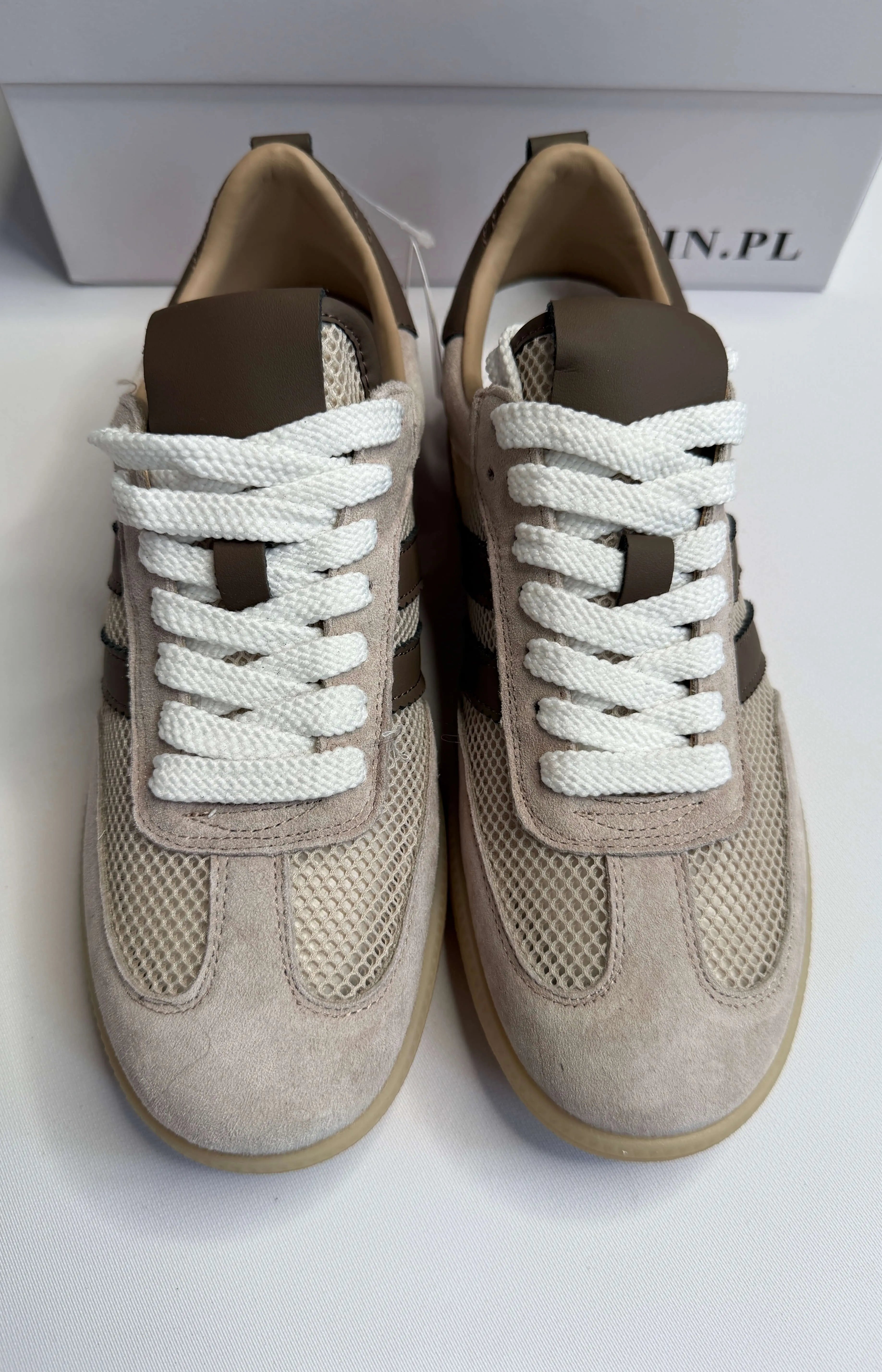 Sneakersy damskie beżowe z siateczką i brązowymi paskami Goodin Stylowa XL