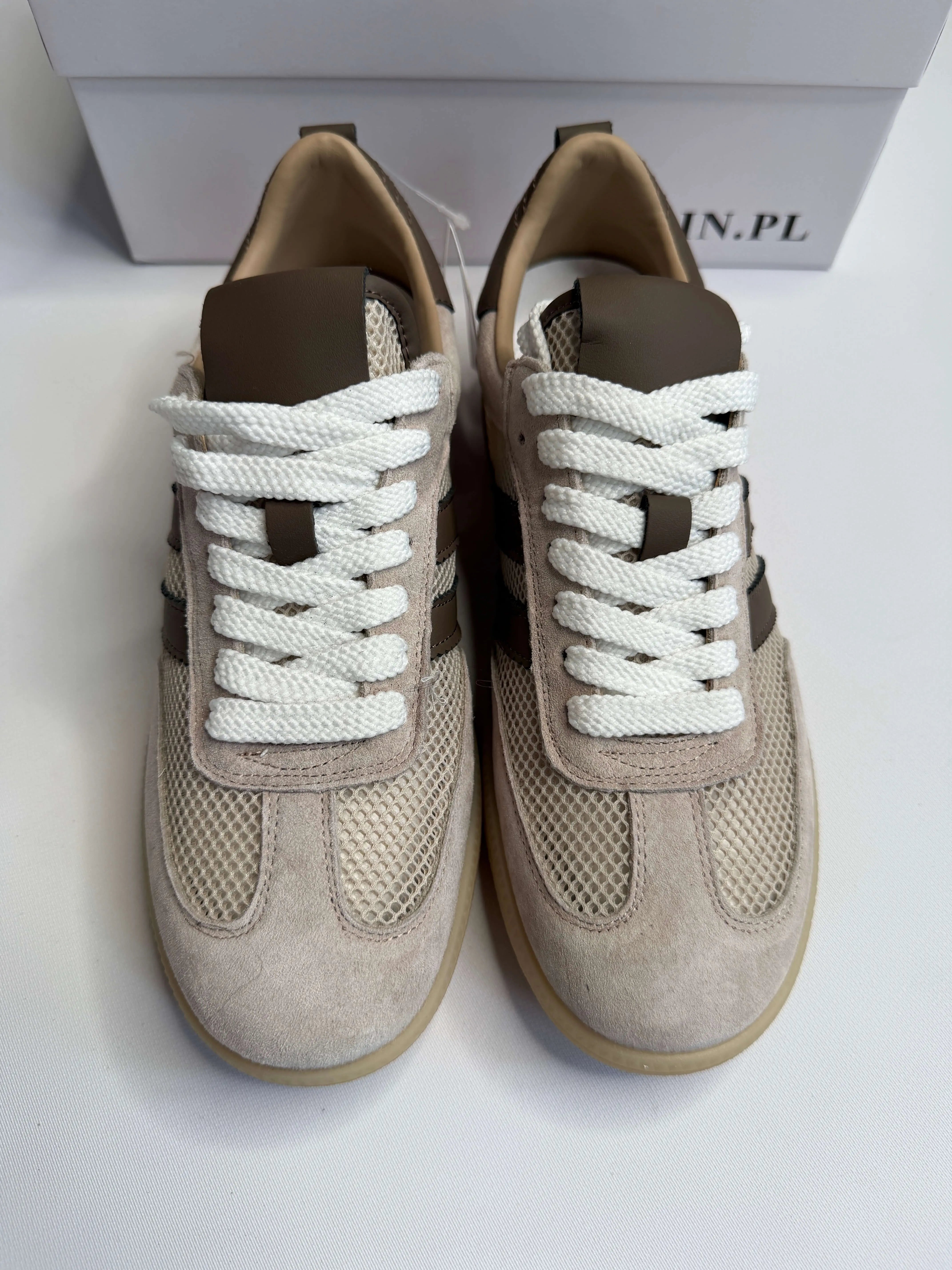 Sneakersy damskie beżowe z siateczką i brązowymi paskami Goodin Stylowa XL
