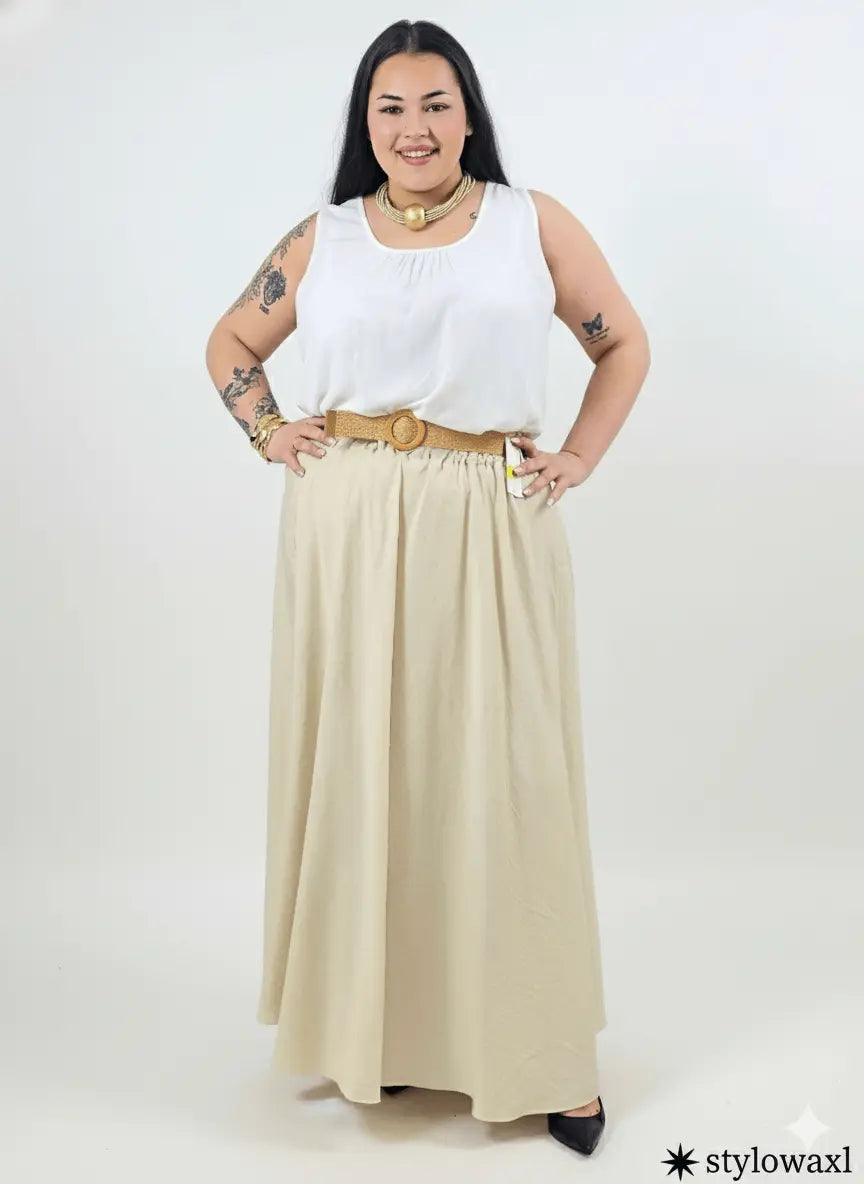 Spódnica maxi plus size – lejąca, rozkloszowana spódnica XXL z gumką w pasie i paskiem Stylowa XL