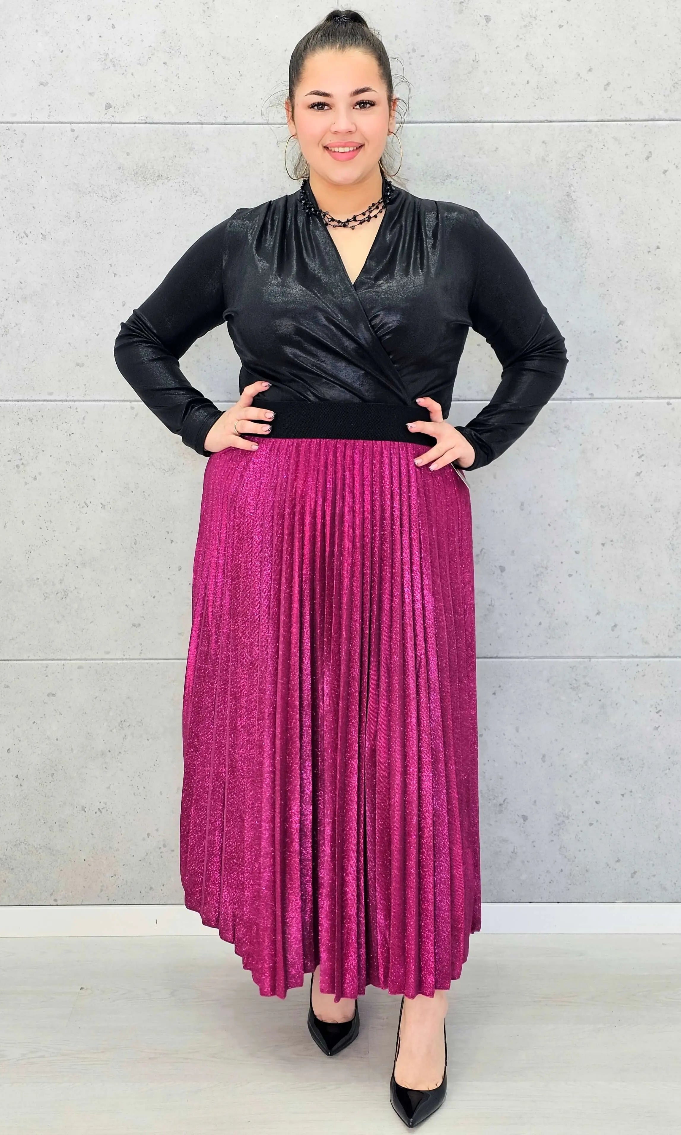 Spódnica plus size plisowana z brokatem – fuksja XXL Stylowa XL