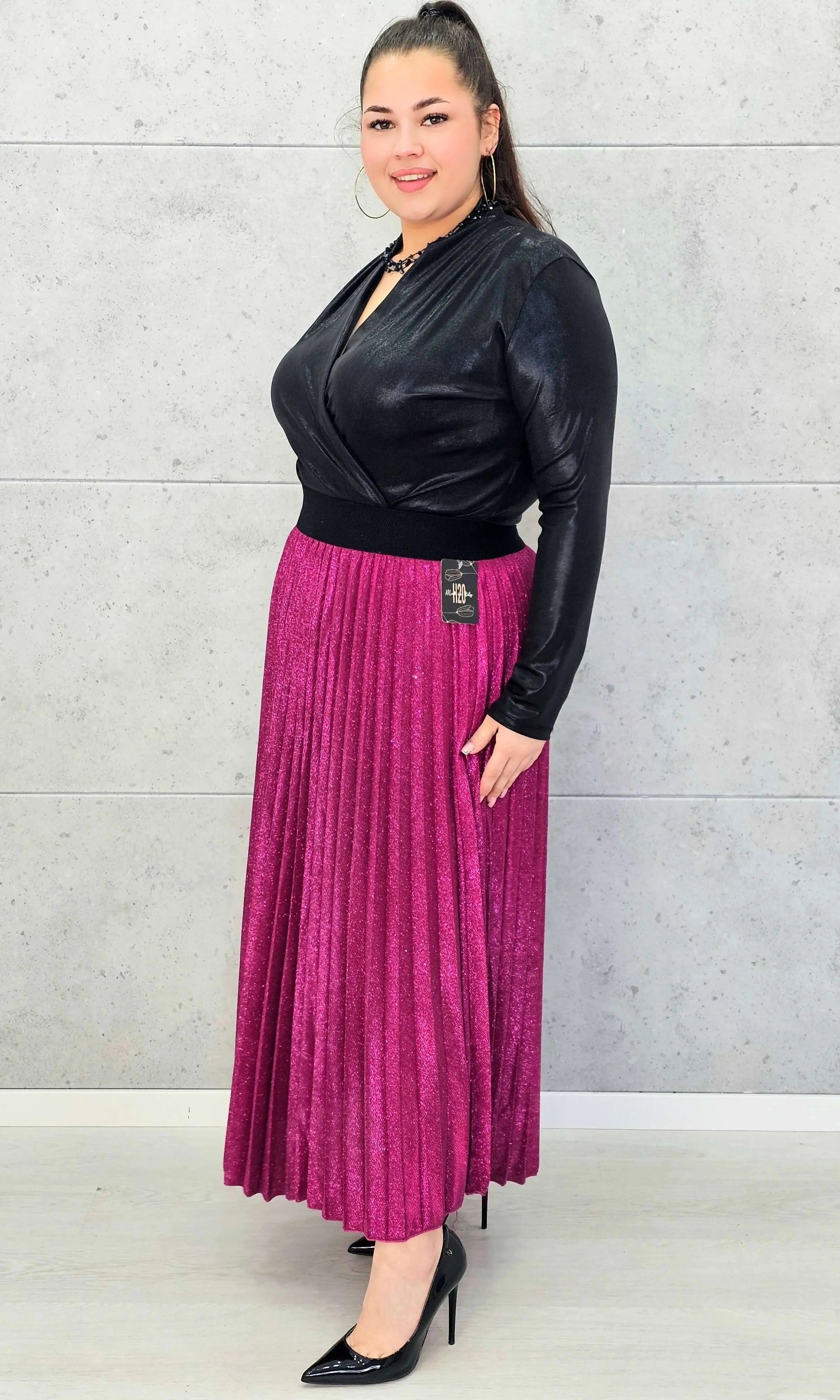 Spódnica plus size plisowana z brokatem – fuksja XXL Stylowa XL