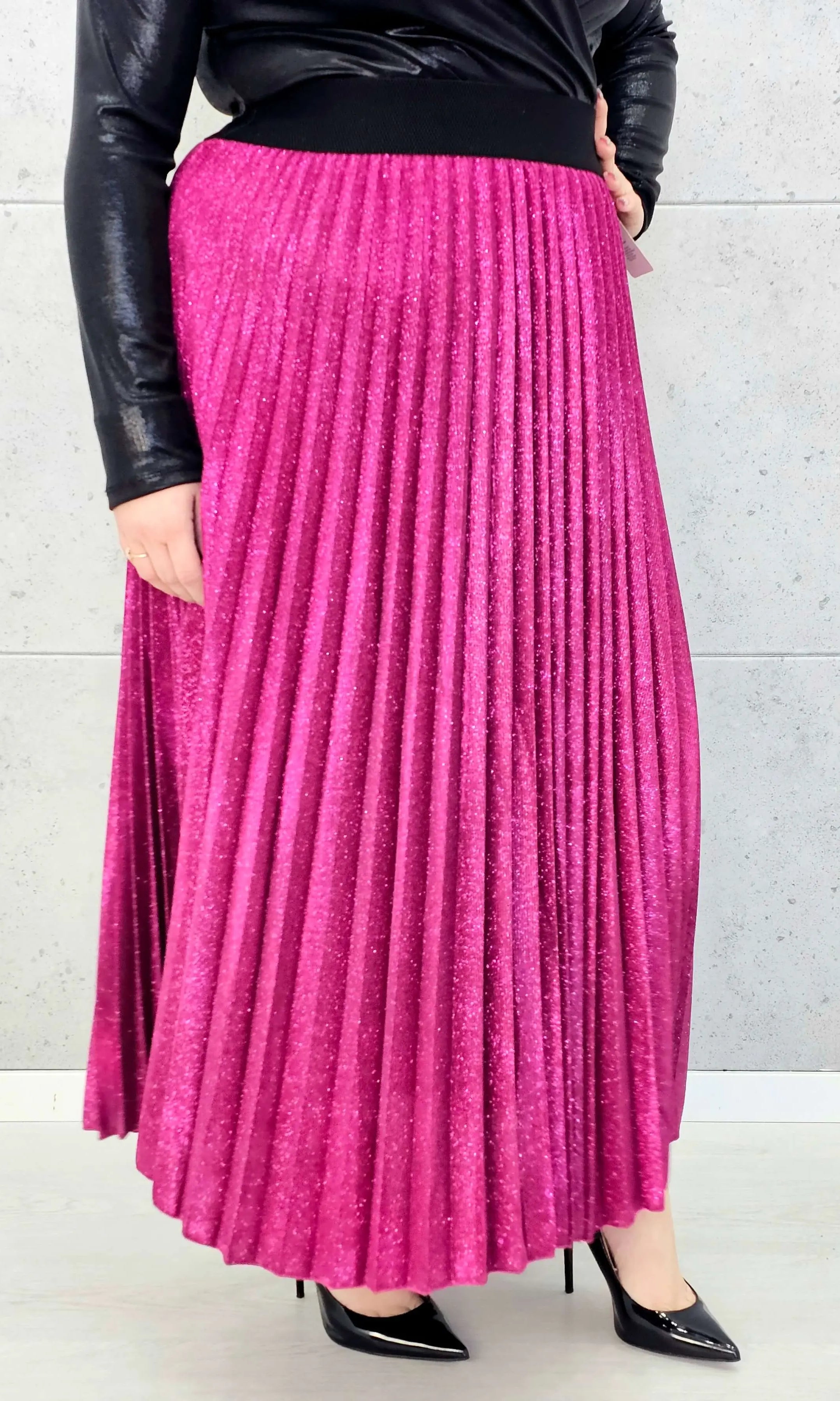 Spódnica plus size plisowana z brokatem – fuksja XXL Stylowa XL