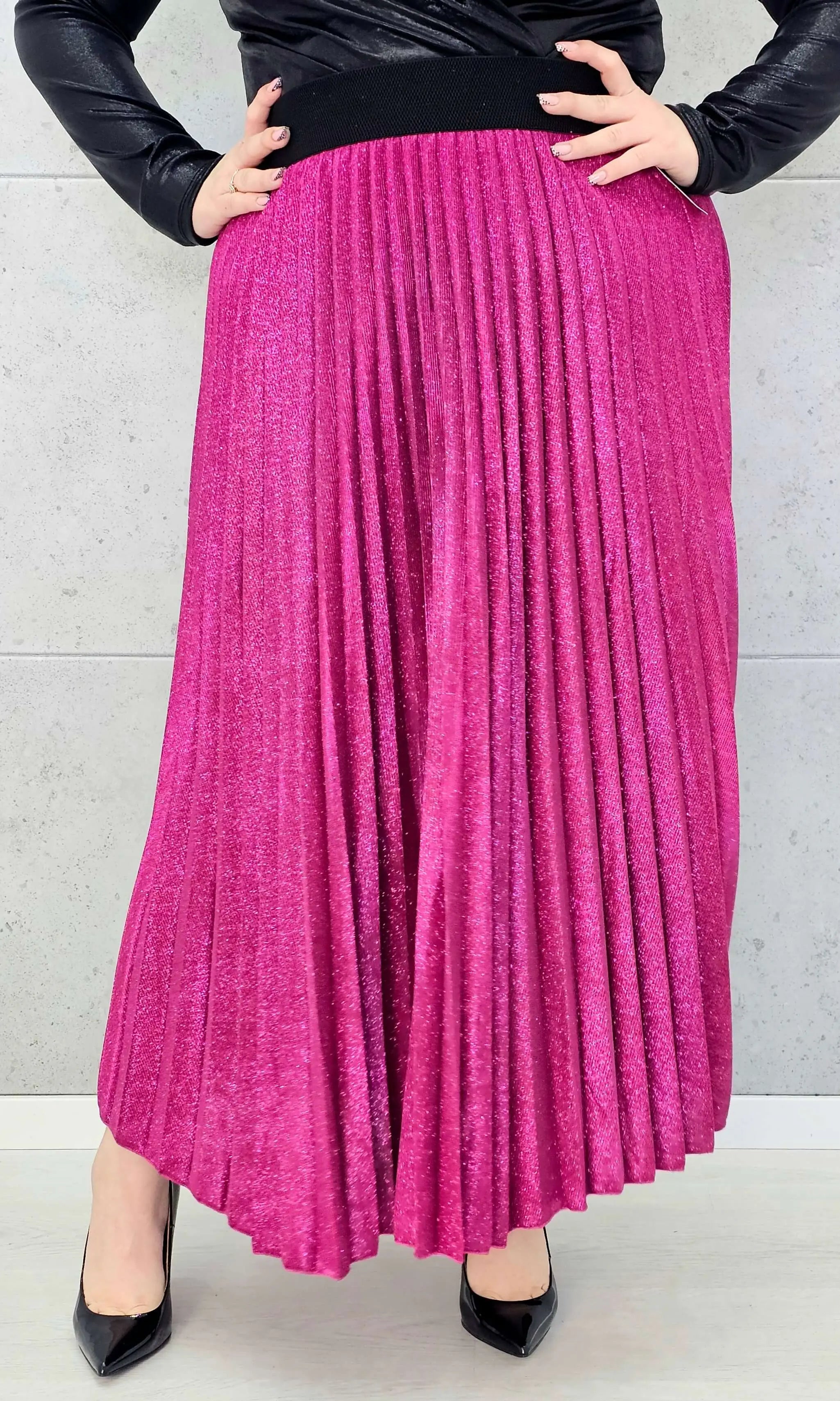 Spódnica plus size plisowana z brokatem – fuksja XXL Stylowa XL