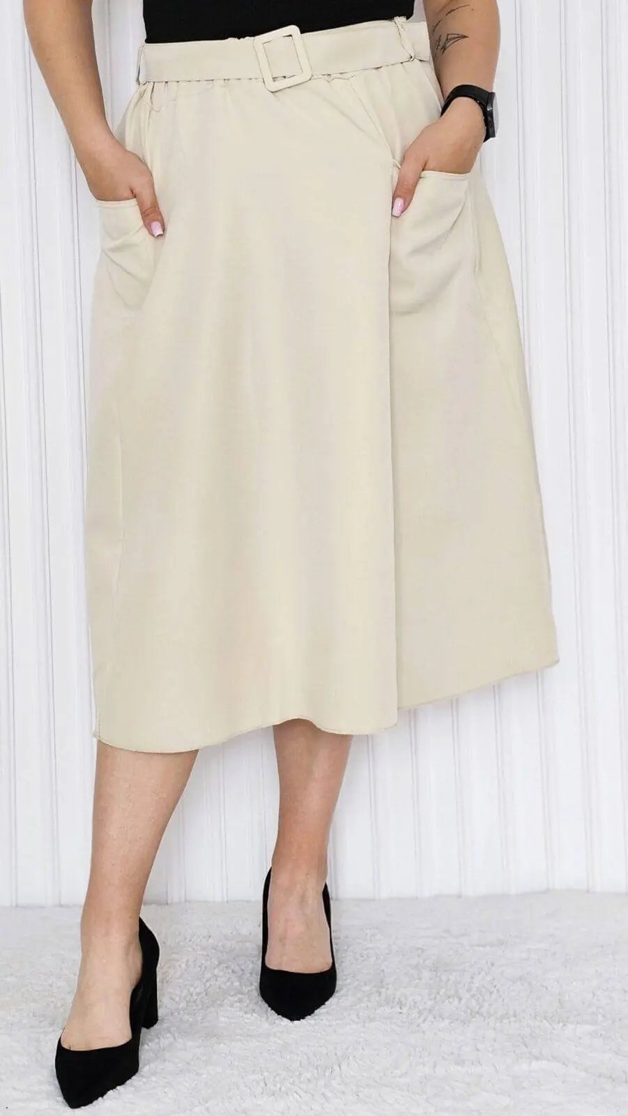 Spódnica z paskiem w tali - beż Stylowa XL