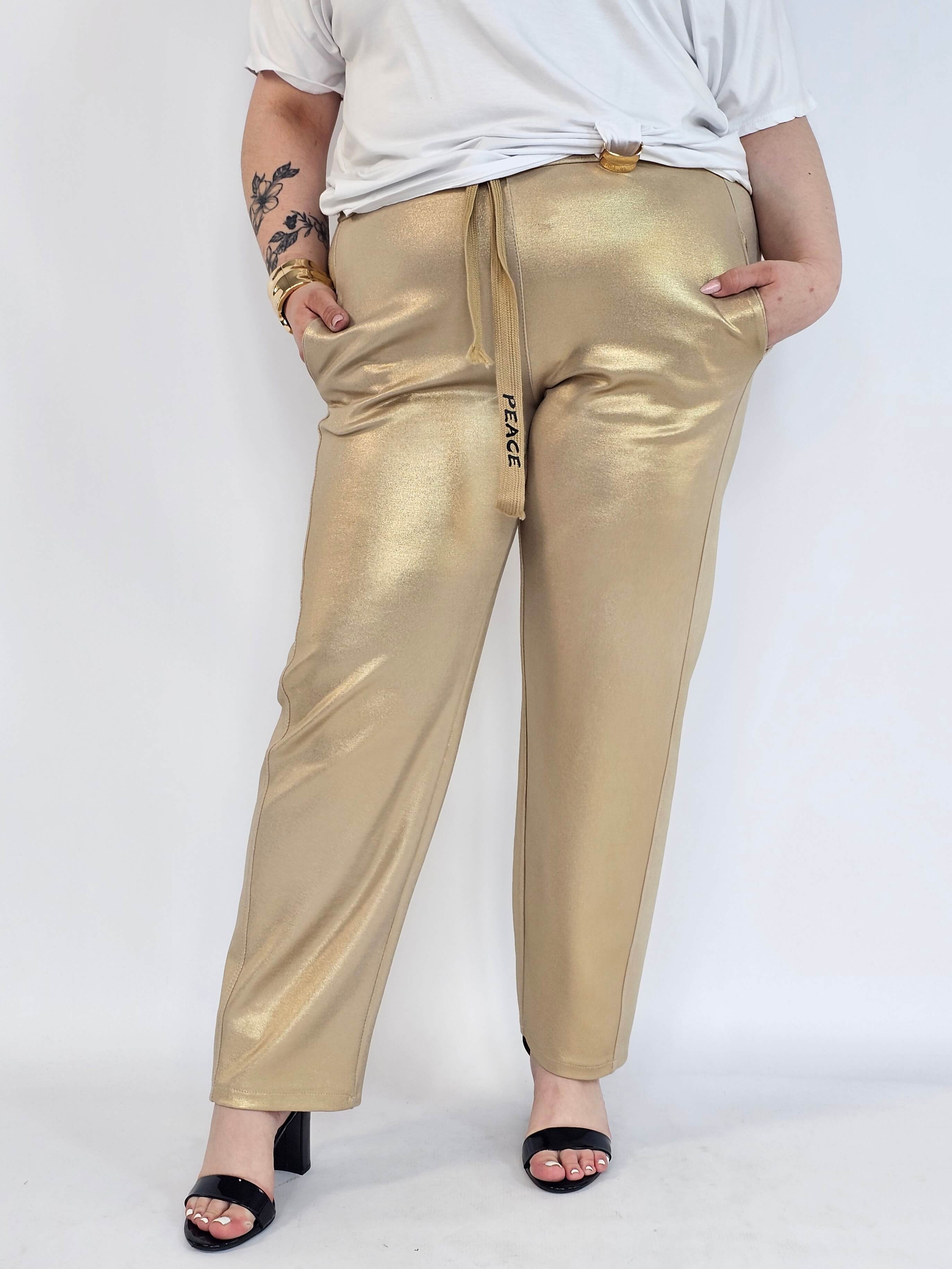 Spodnie plus size z połyskiem – eleganckie spodnie damskie XXL z wysokim stanem Stylowa XL