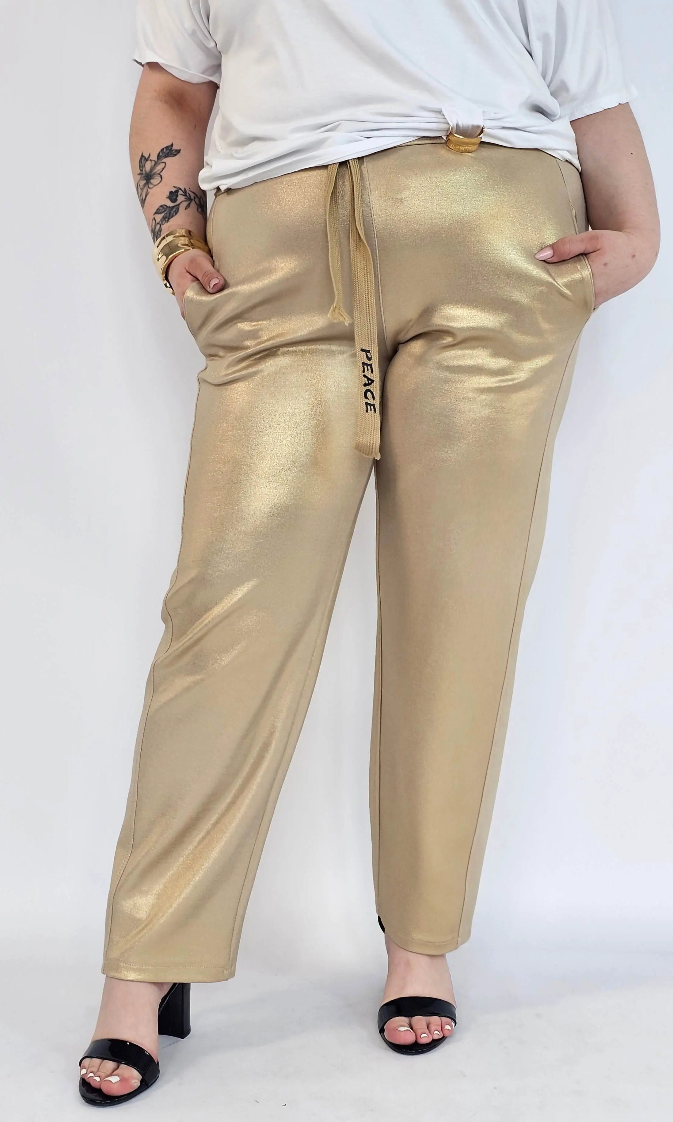 Spodnie plus size z połyskiem – eleganckie spodnie damskie XXL z wysokim stanem Stylowa XL