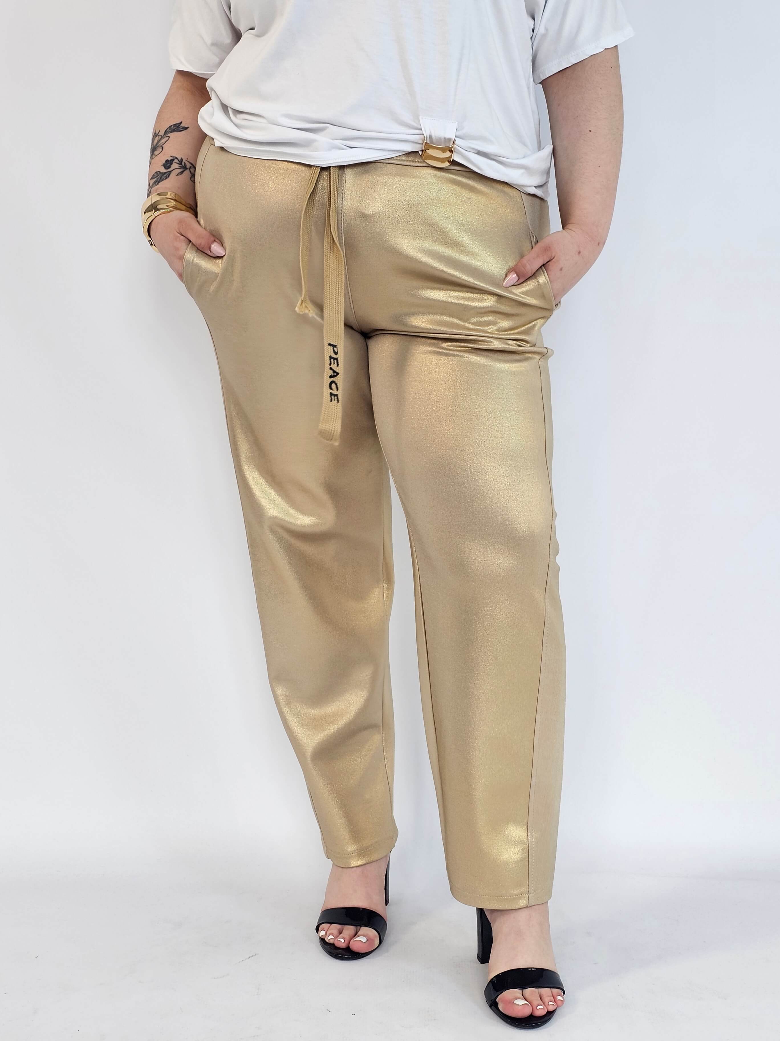 Spodnie plus size z połyskiem – eleganckie spodnie damskie XXL z wysokim stanem Stylowa XL