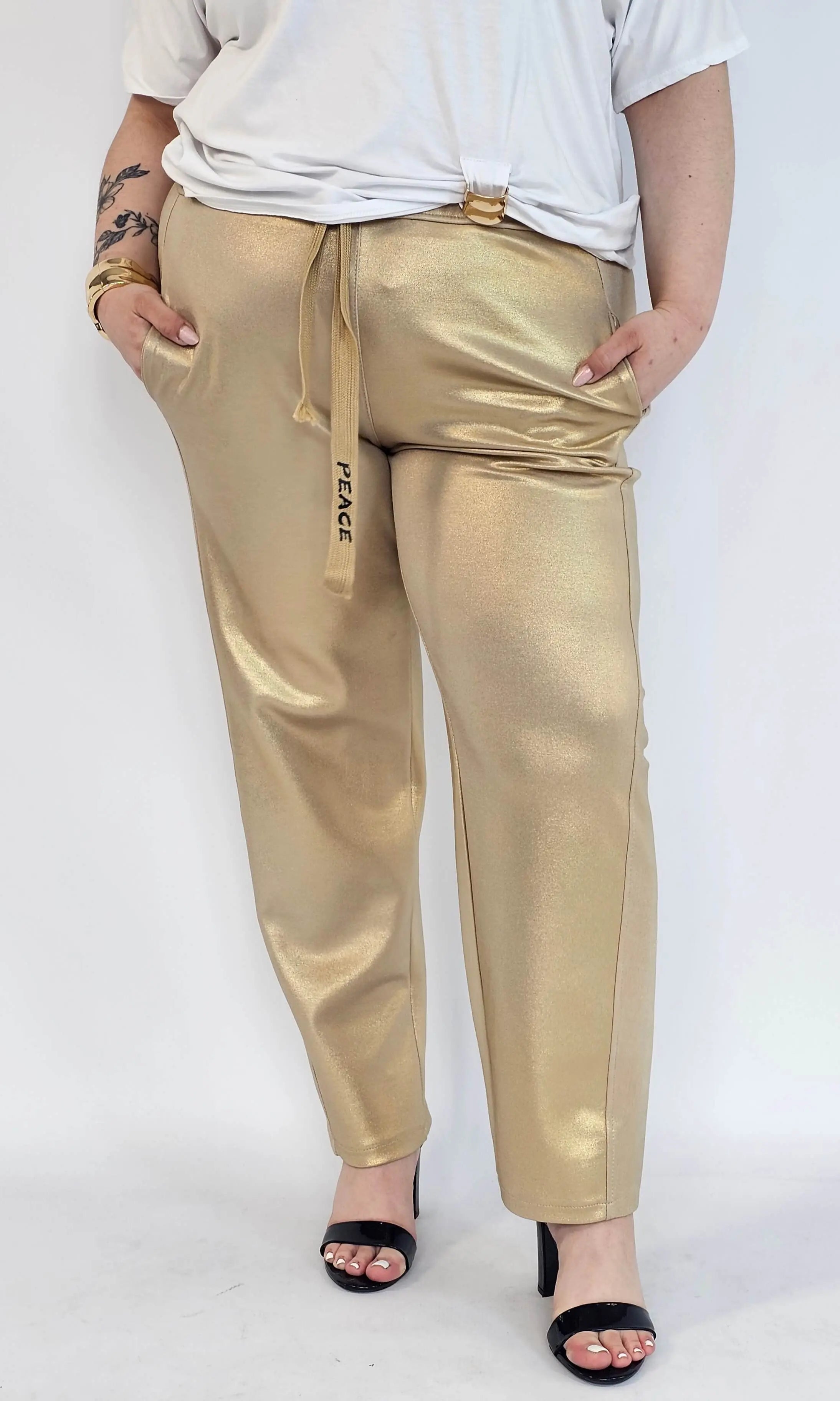 Spodnie plus size z połyskiem – eleganckie spodnie damskie XXL z wysokim stanem Stylowa XL
