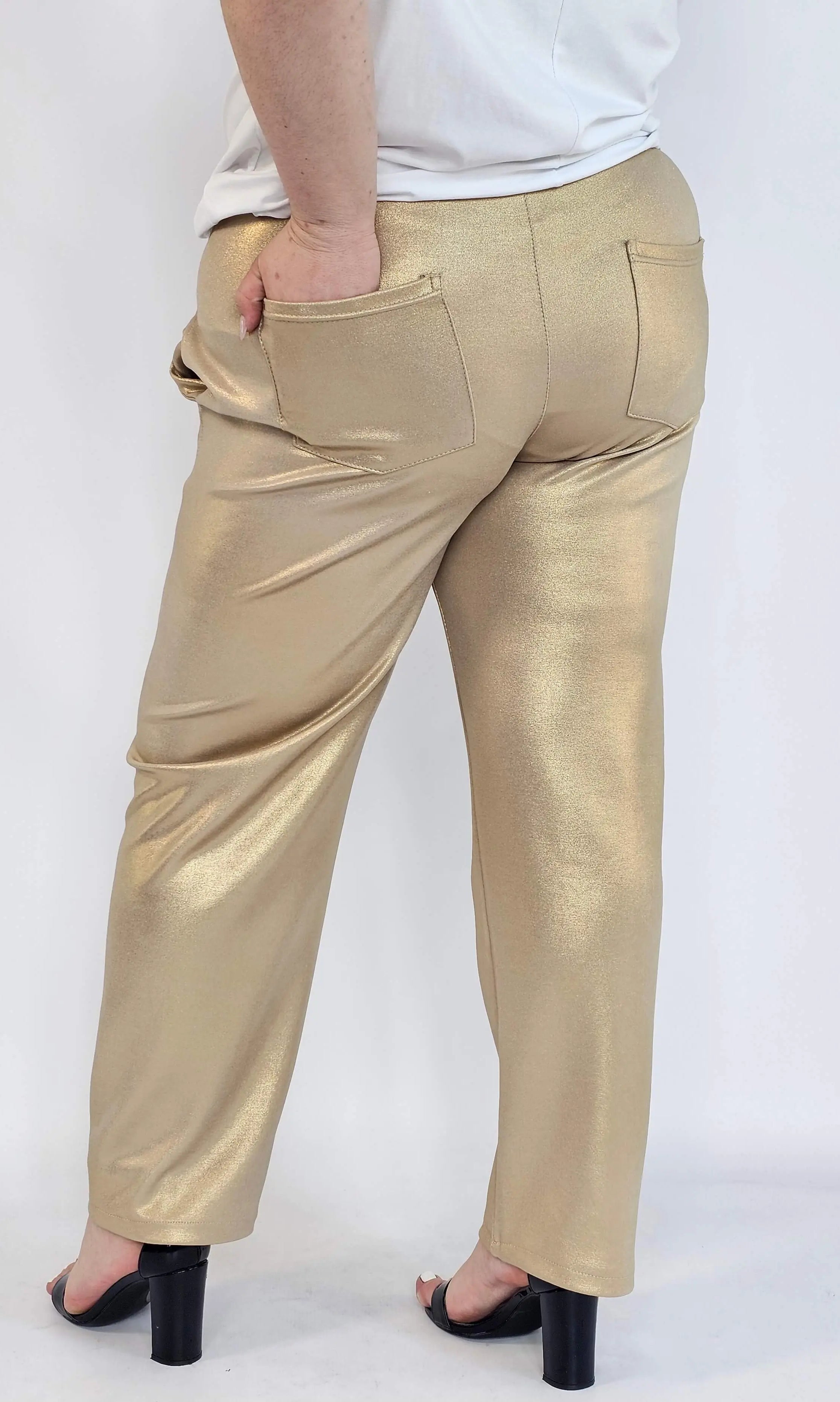 Spodnie plus size z połyskiem – eleganckie spodnie damskie XXL z wysokim stanem Stylowa XL