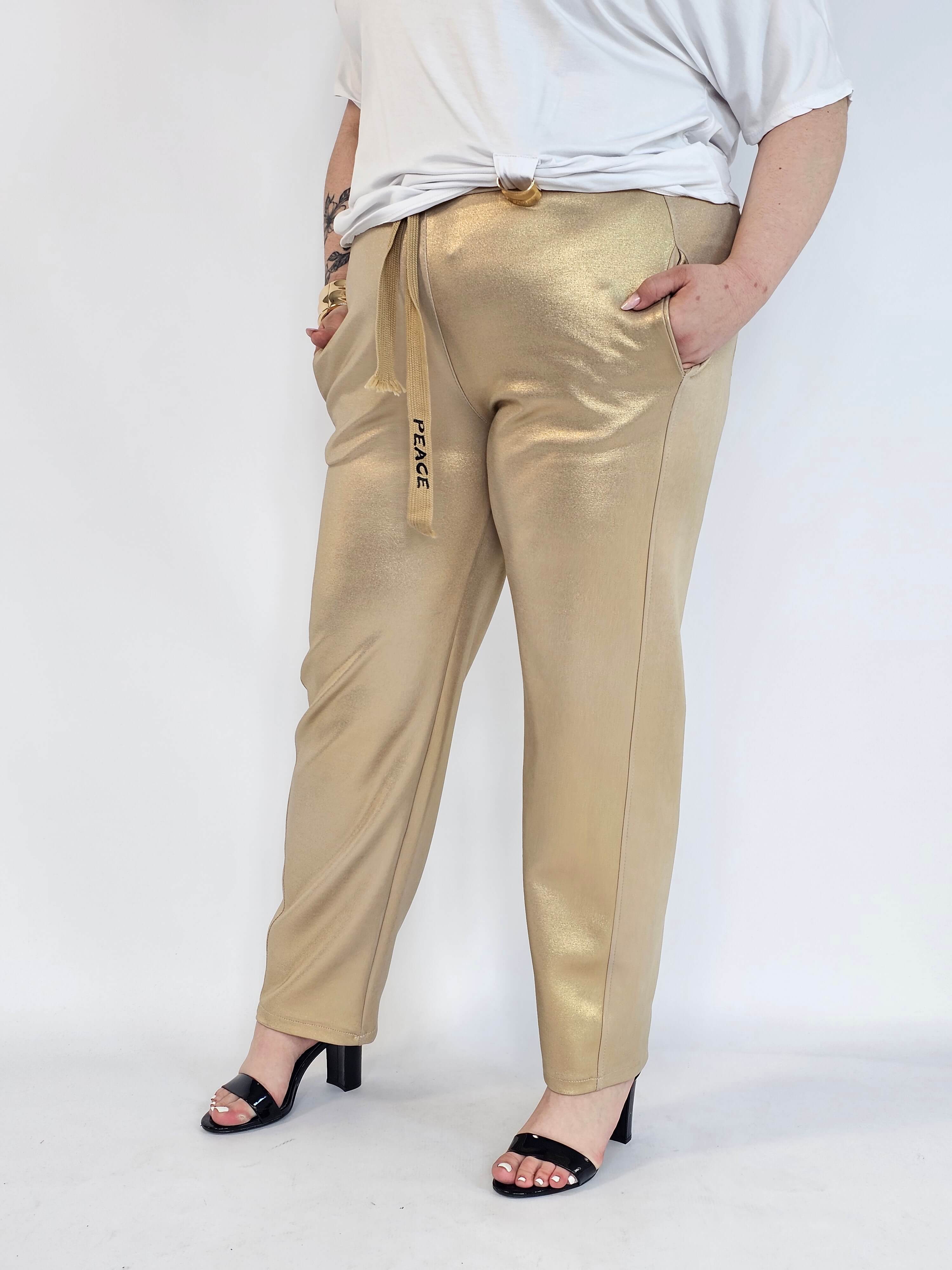 Spodnie plus size z połyskiem – eleganckie spodnie damskie XXL z wysokim stanem Stylowa XL