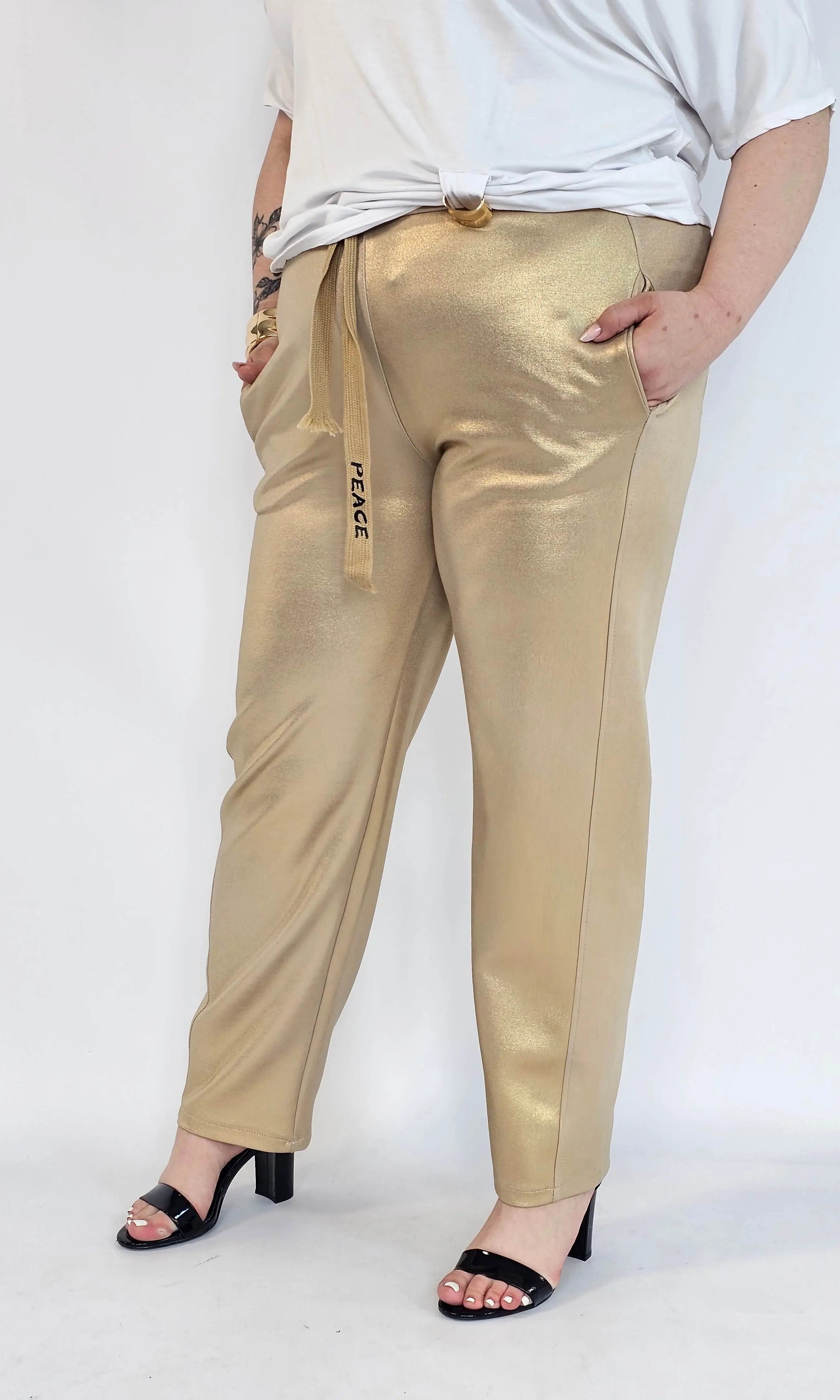 Spodnie plus size z połyskiem – eleganckie spodnie damskie XXL z wysokim stanem Stylowa XL