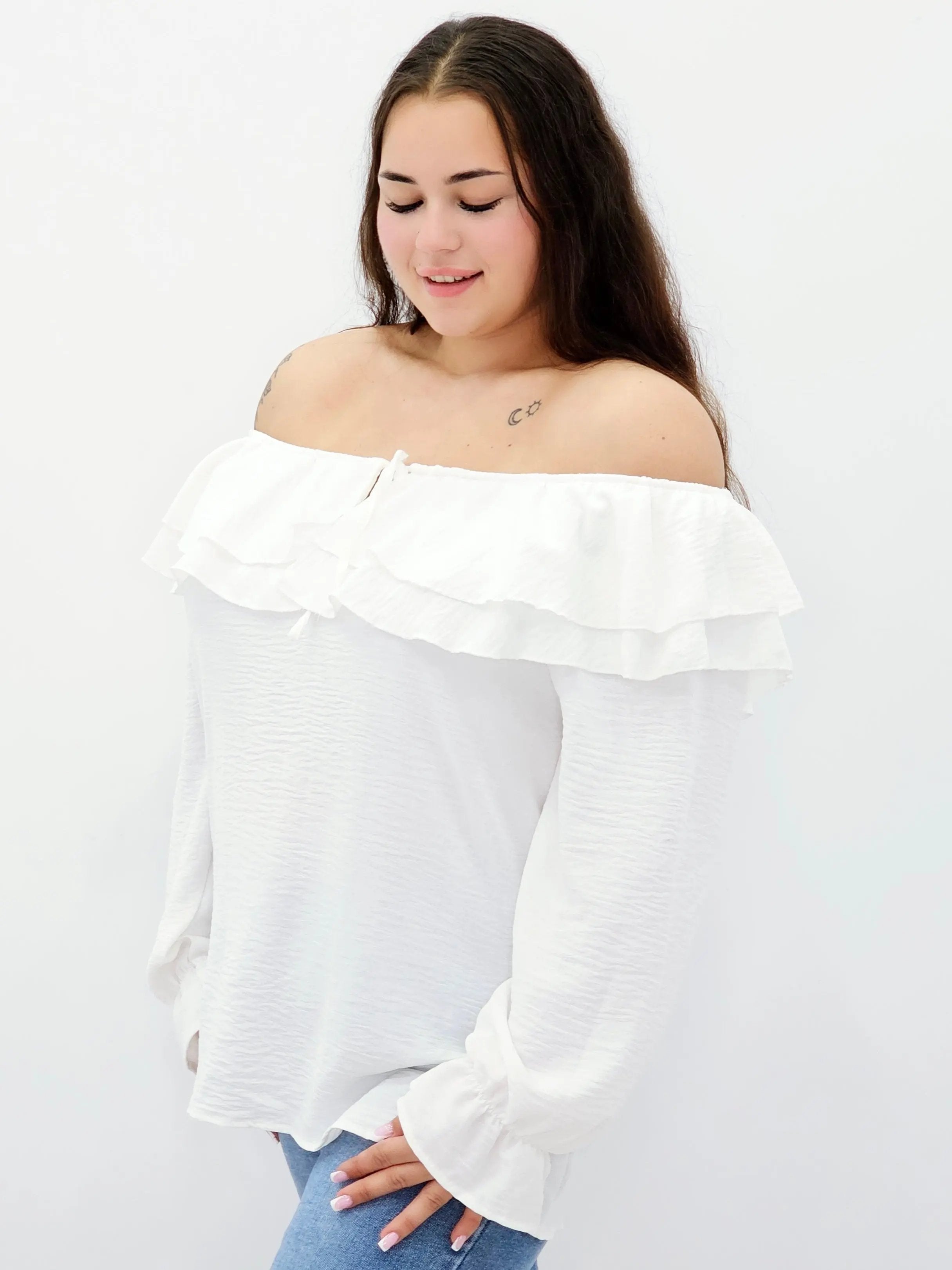 Stylowa bluzka z falbanami i odkrytymi ramionami Stylowa XL