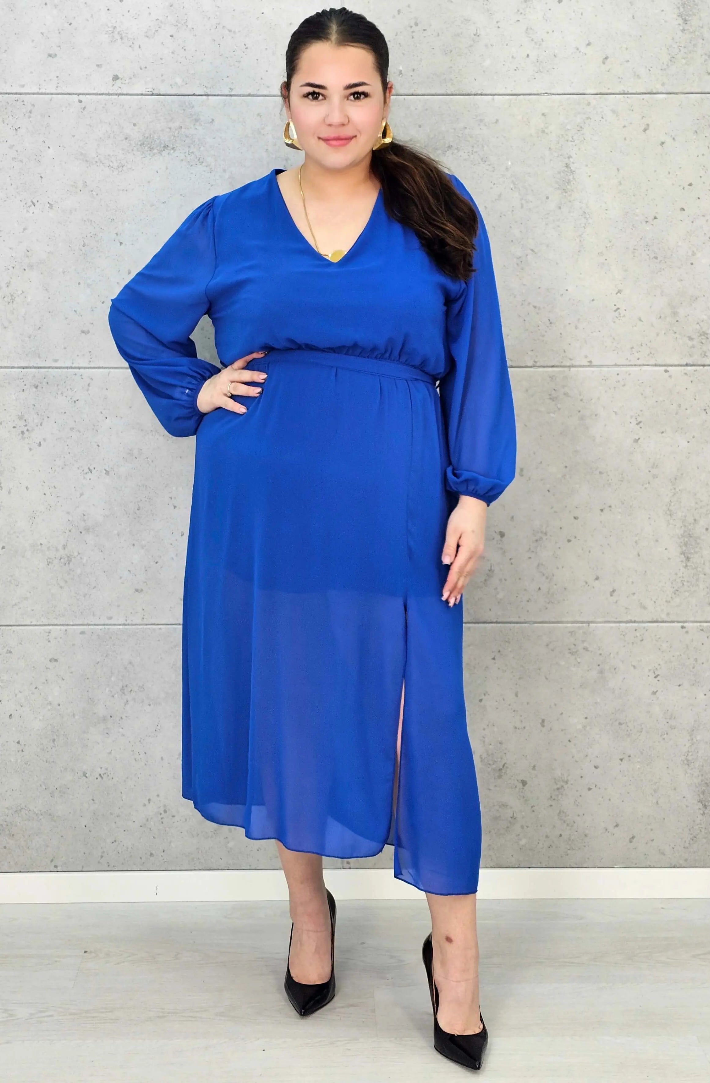 Sukienka Plus Size Dekolt w Serek – Talia z Gumką, Pasek, Podszewka XXL Stylowa XL