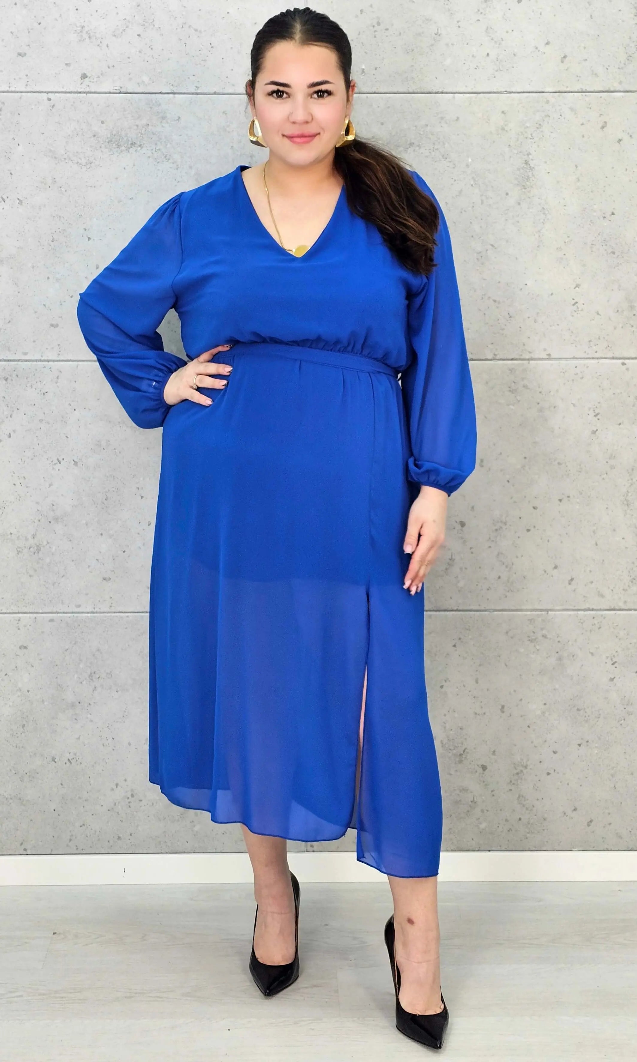 Sukienka Plus Size Dekolt w Serek – Talia z Gumką, Pasek, Podszewka XXL Stylowa XL
