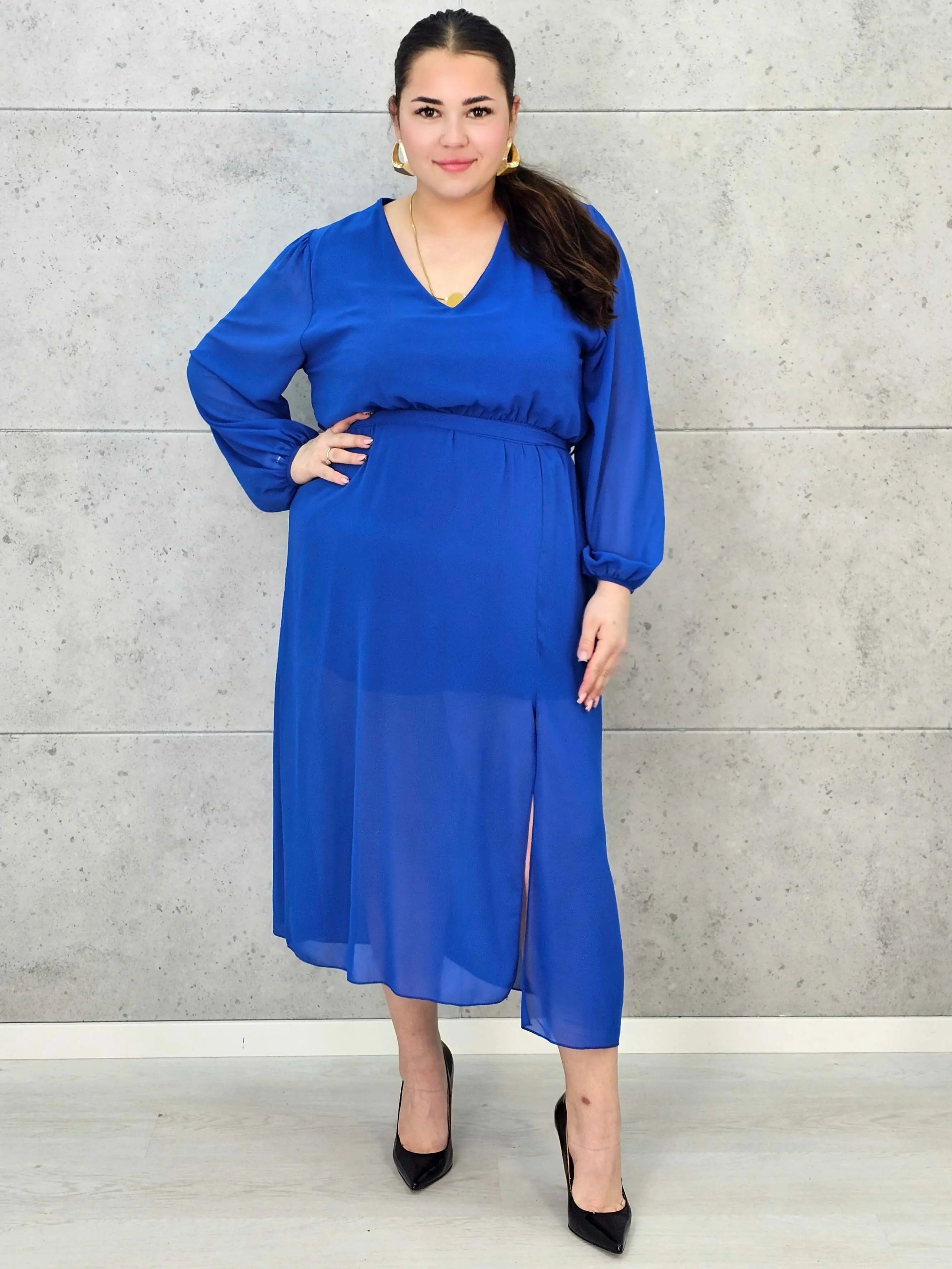 Sukienka Plus Size Dekolt w Serek – Talia z Gumką, Pasek, Podszewka XXL Stylowa XL