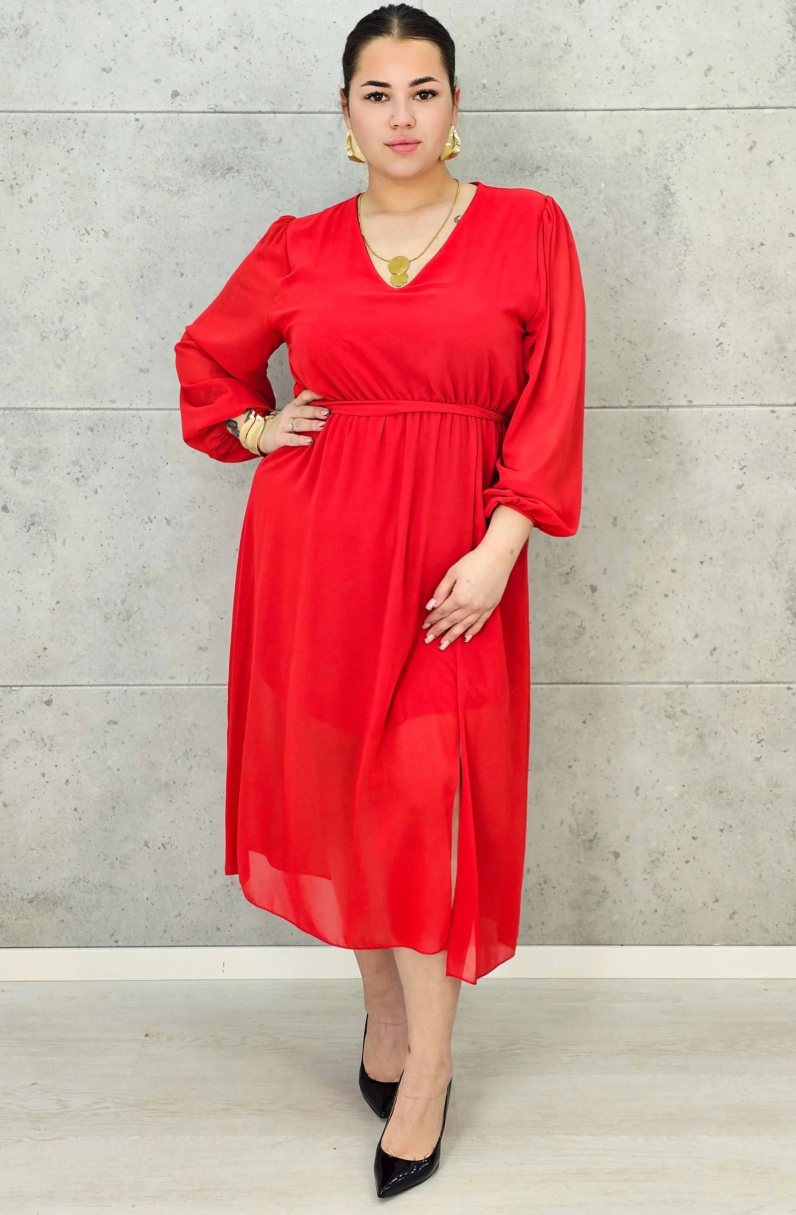 Sukienka Plus Size Dekolt w Serek – Talia z Gumką, Pasek, Podszewka XXL Stylowa XL