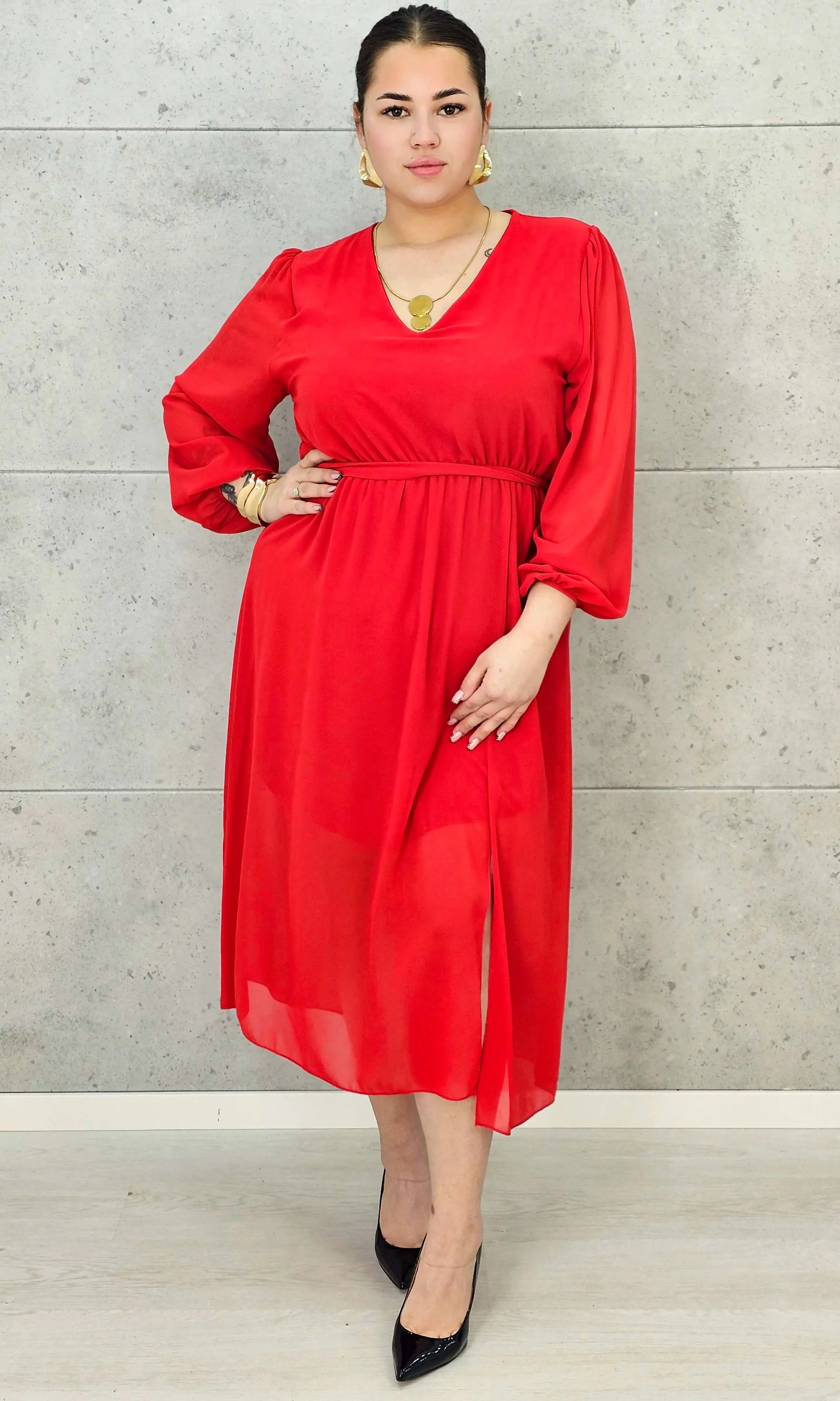 Sukienka Plus Size Dekolt w Serek – Talia z Gumką, Pasek, Podszewka XXL Stylowa XL