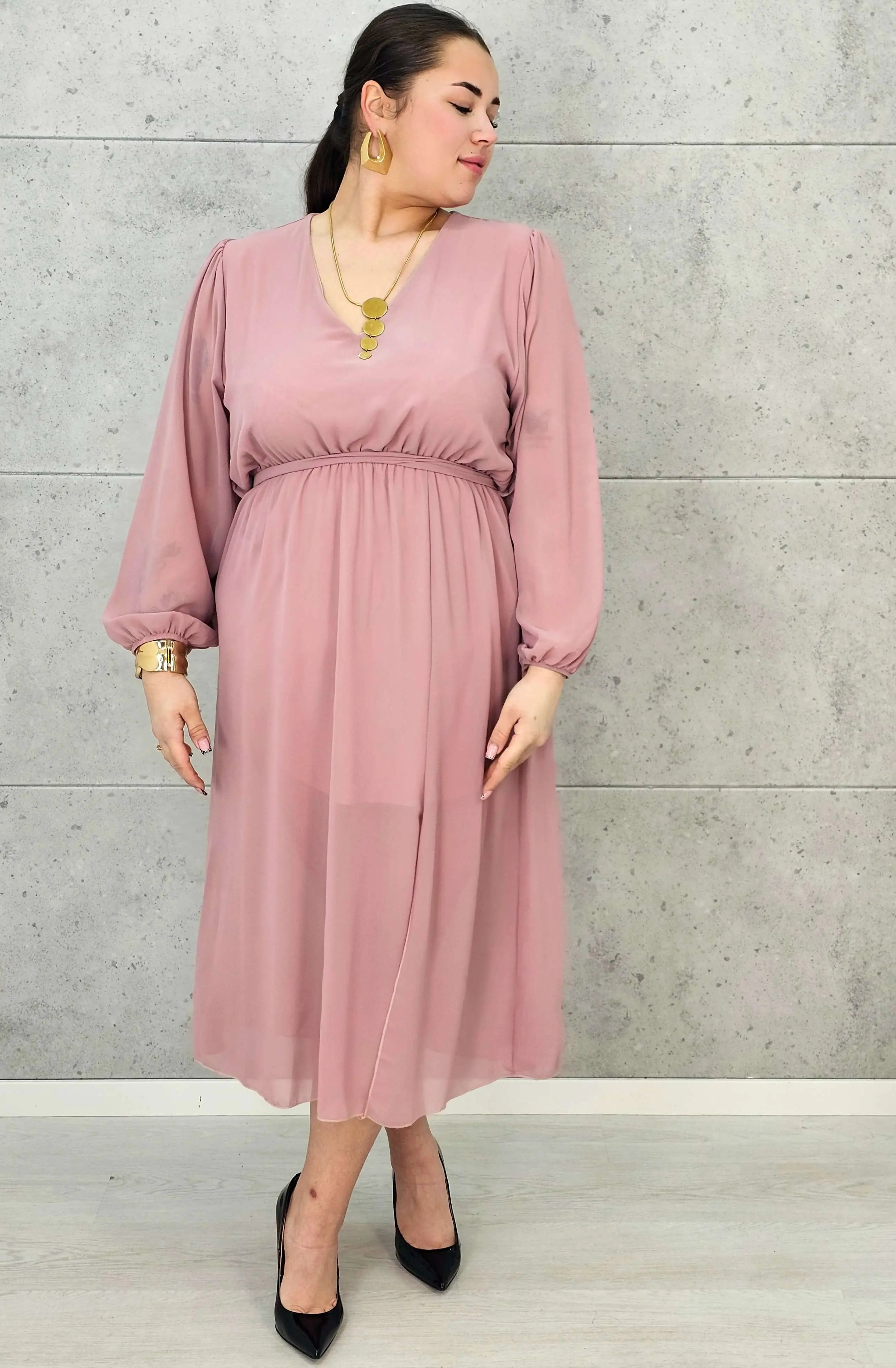 Sukienka Plus Size Dekolt w Serek – Talia z Gumką, Pasek, Podszewka XXL Stylowa XL