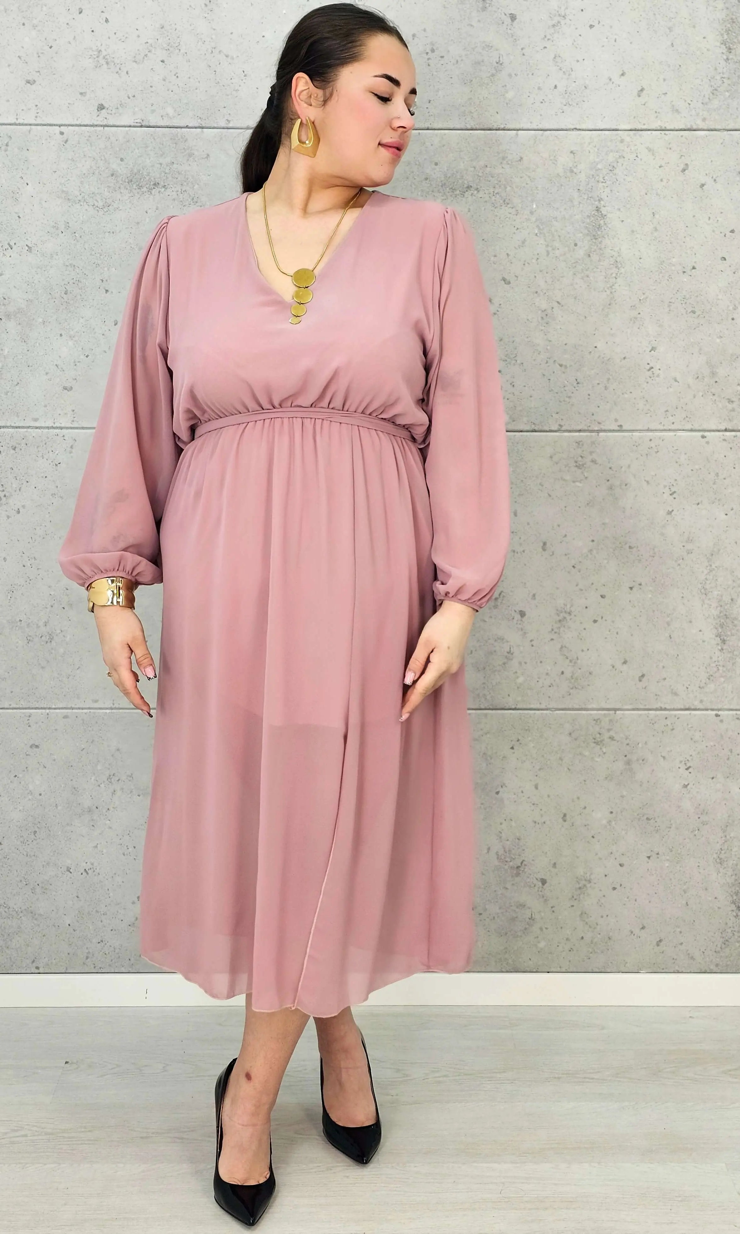 Sukienka Plus Size Dekolt w Serek – Talia z Gumką, Pasek, Podszewka XXL Stylowa XL