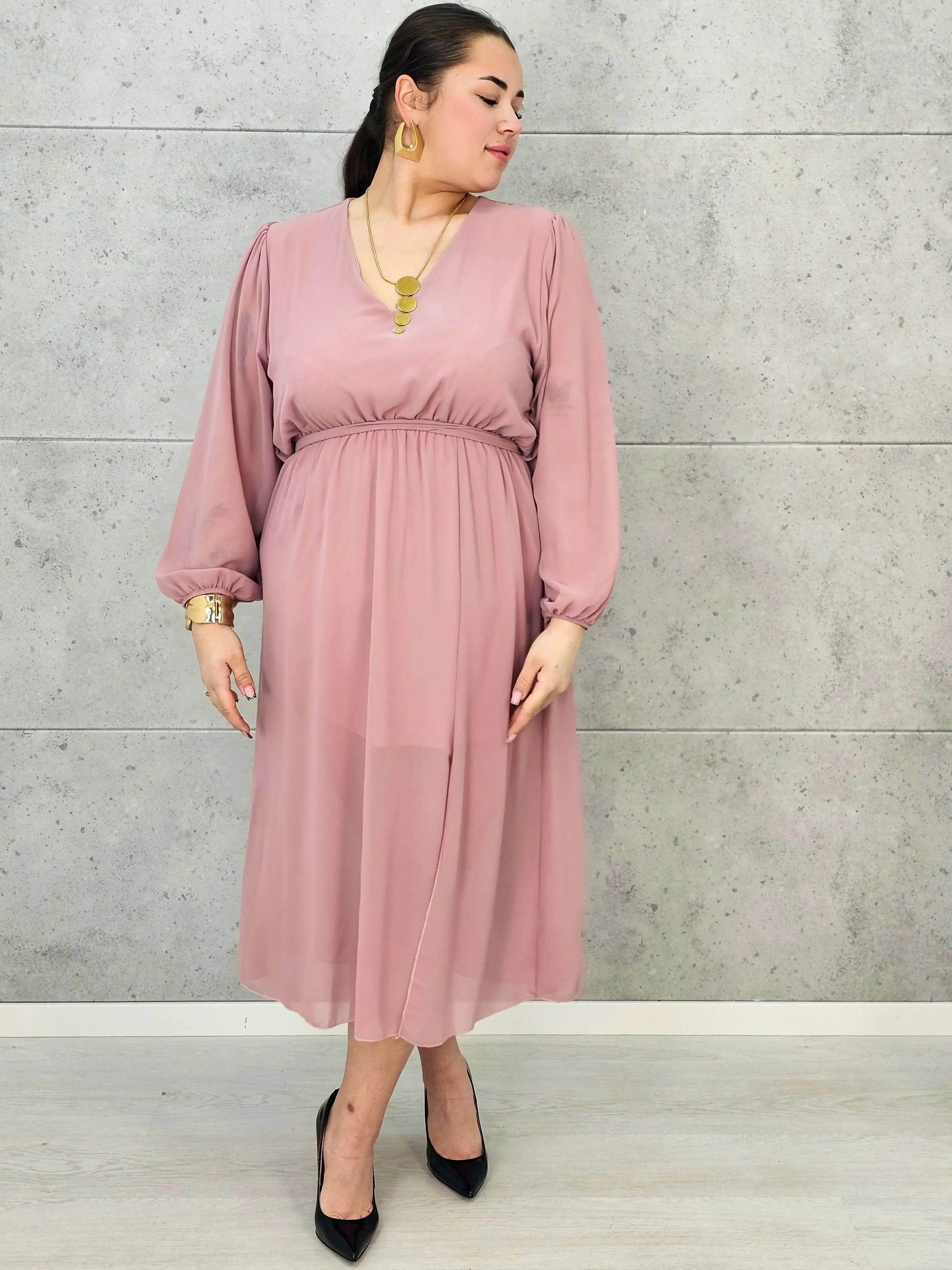 Sukienka Plus Size Dekolt w Serek – Talia z Gumką, Pasek, Podszewka XXL Stylowa XL