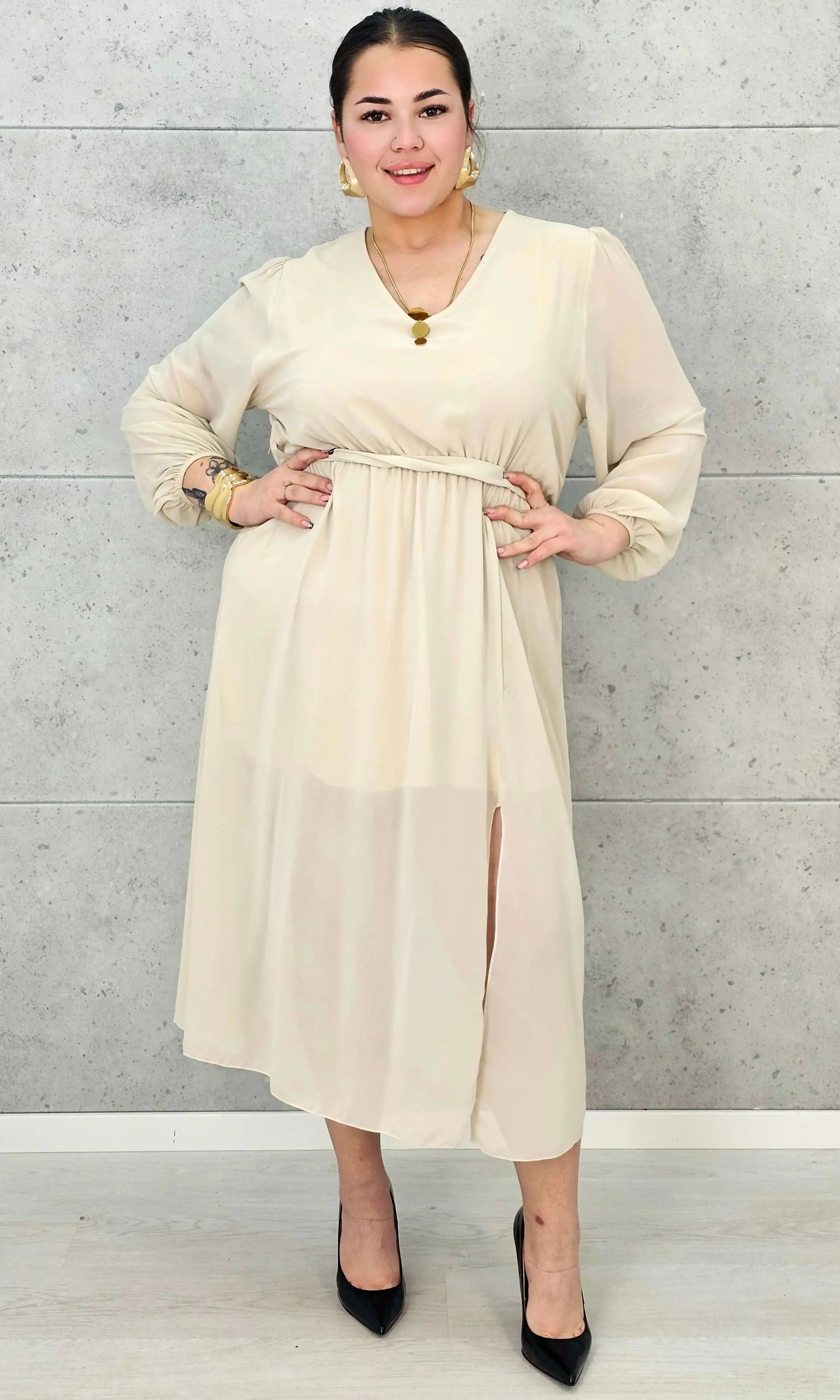 Sukienka Plus Size Dekolt w Serek – Talia z Gumką, Pasek, Podszewka XXL Stylowa XL