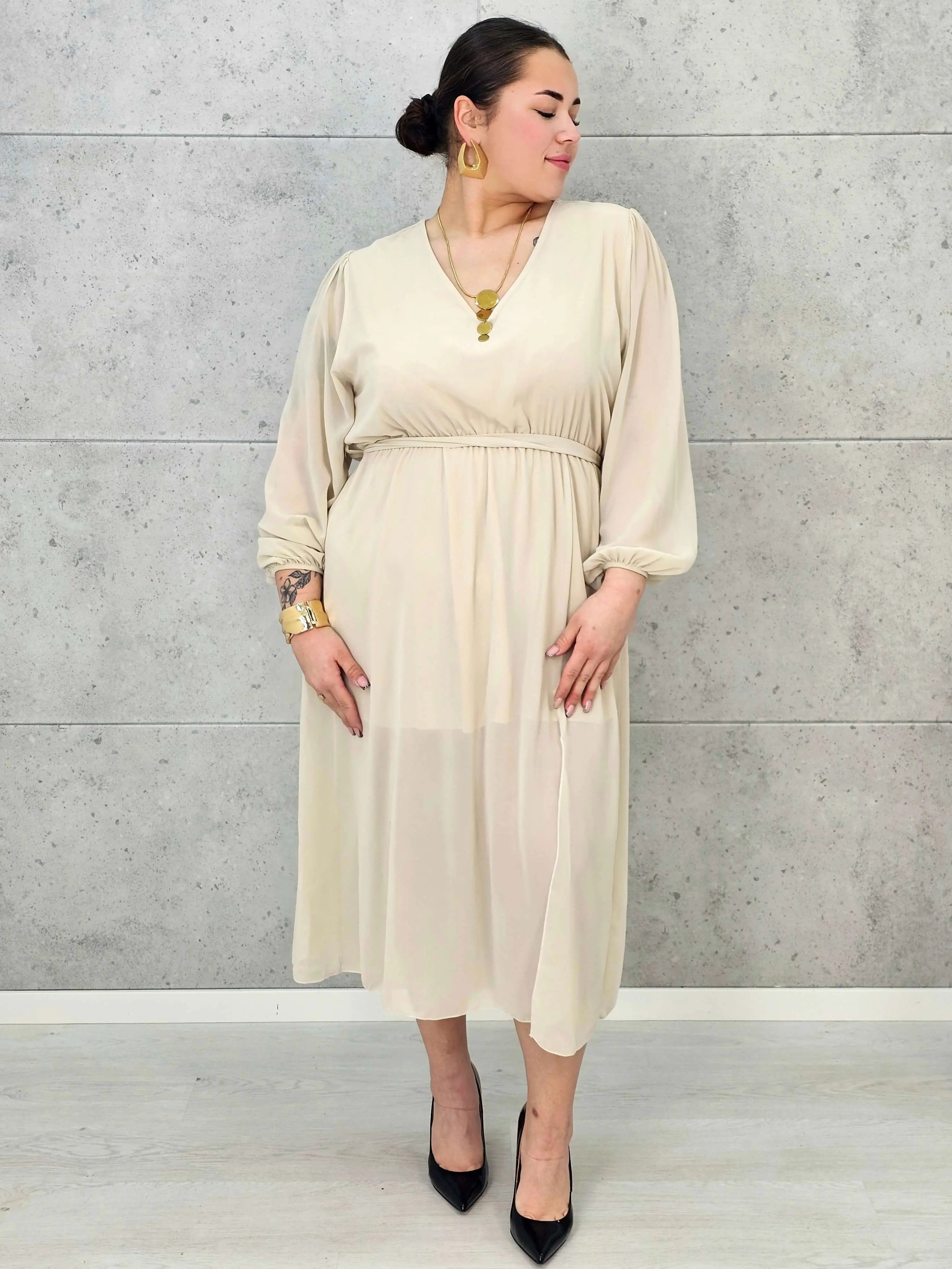 Sukienka Plus Size Dekolt w Serek – Talia z Gumką, Pasek, Podszewka XXL Stylowa XL