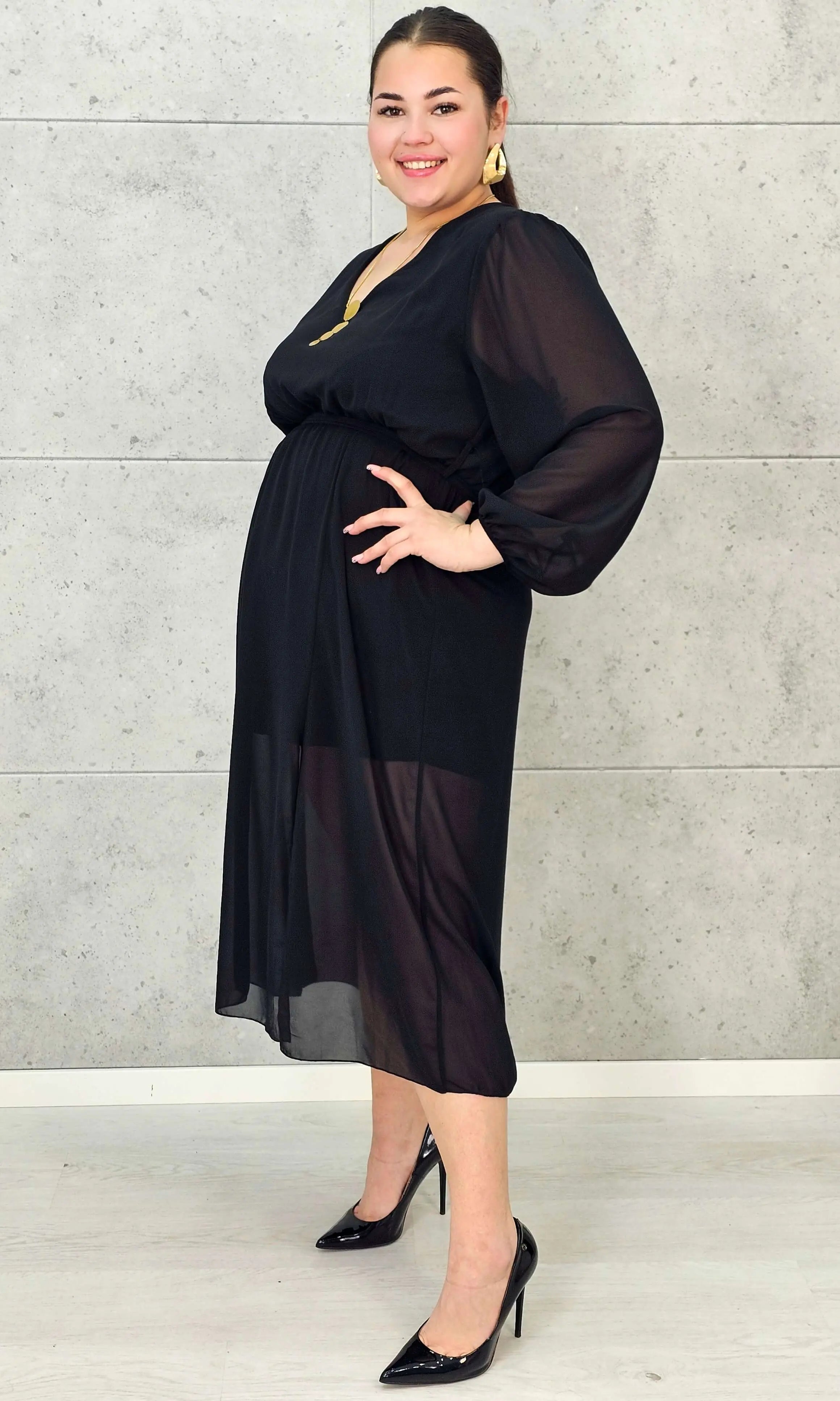 Sukienka Plus Size Dekolt w Serek – Talia z Gumką, Pasek, Podszewka XXL Stylowa XL