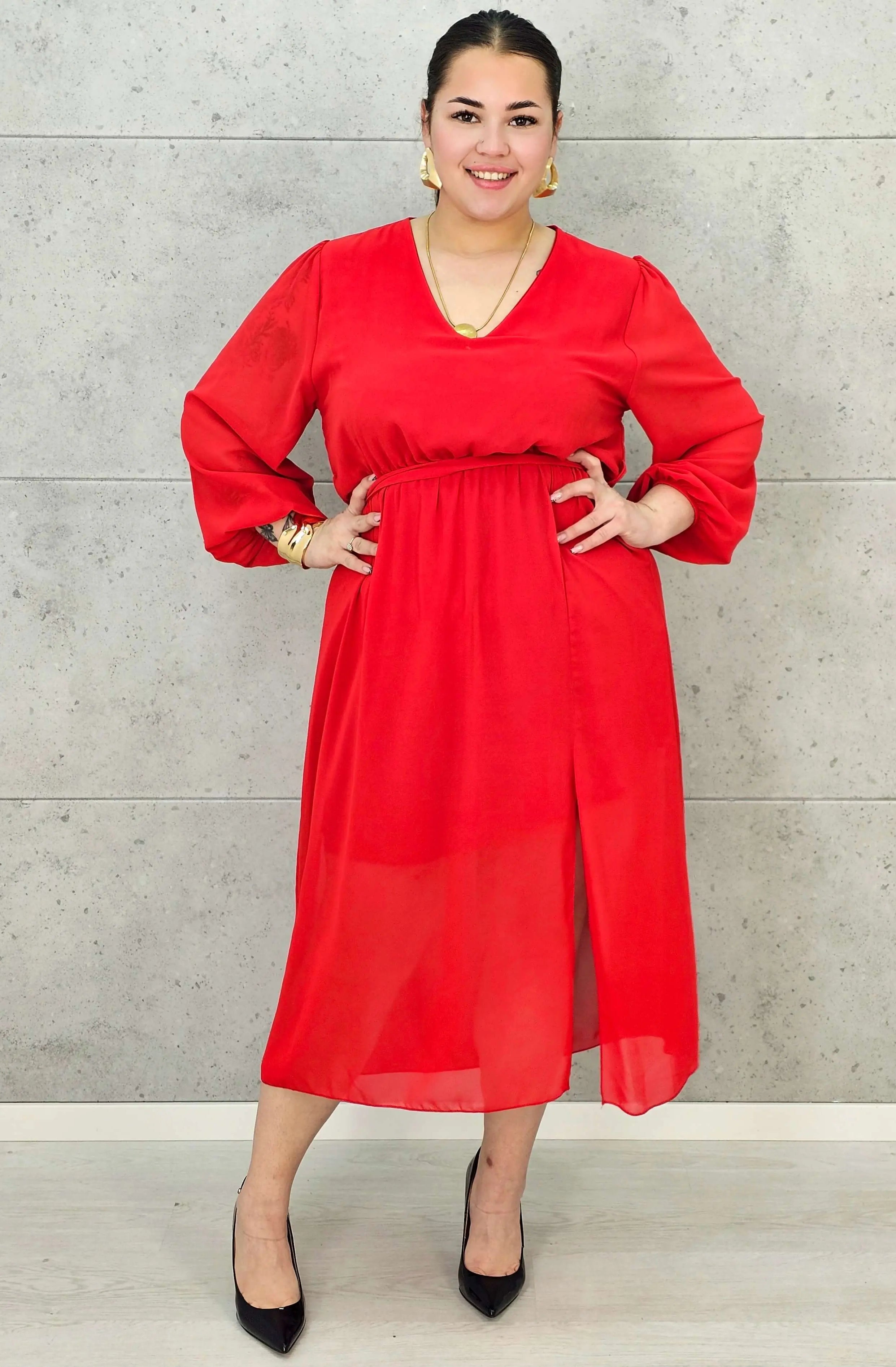 Sukienka Plus Size Dekolt w Serek – Talia z Gumką, Pasek, Podszewka XXL Stylowa XL