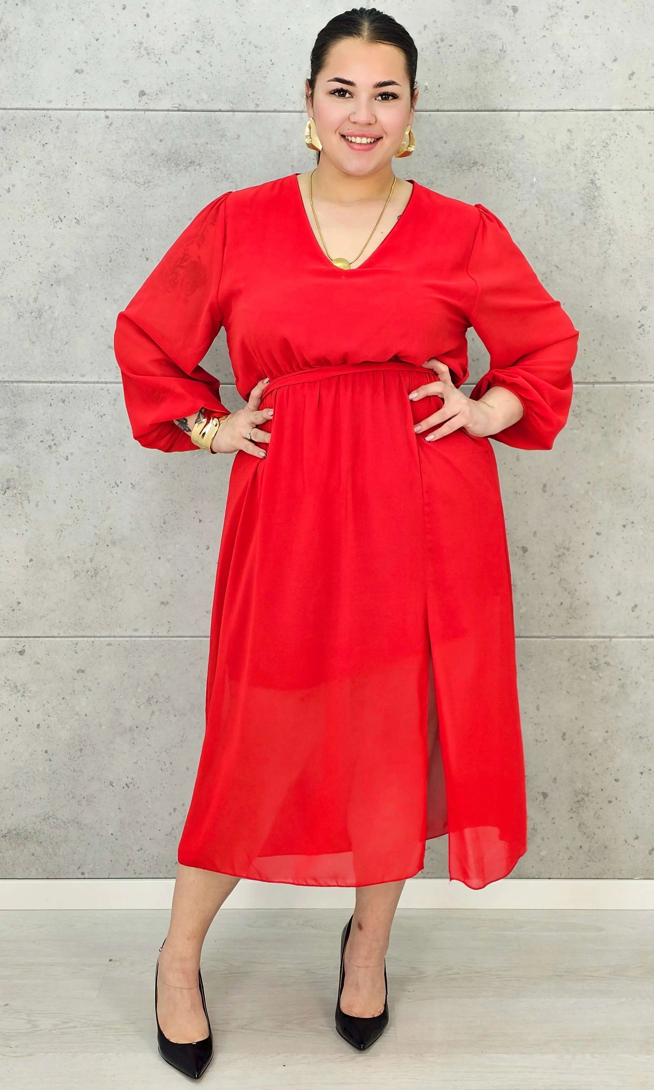 Sukienka Plus Size Dekolt w Serek – Talia z Gumką, Pasek, Podszewka XXL Stylowa XL
