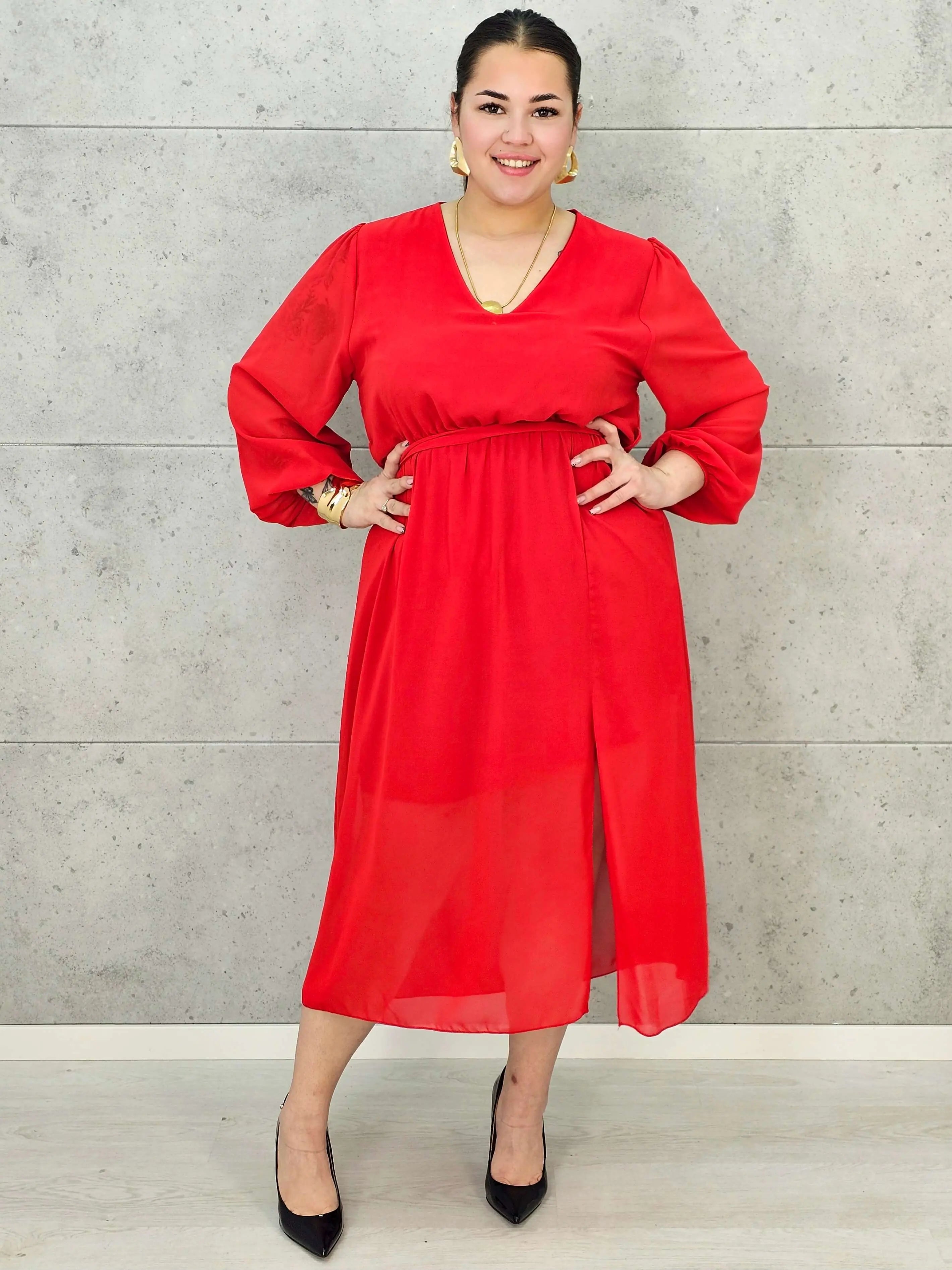 Sukienka Plus Size Dekolt w Serek – Talia z Gumką, Pasek, Podszewka XXL Stylowa XL