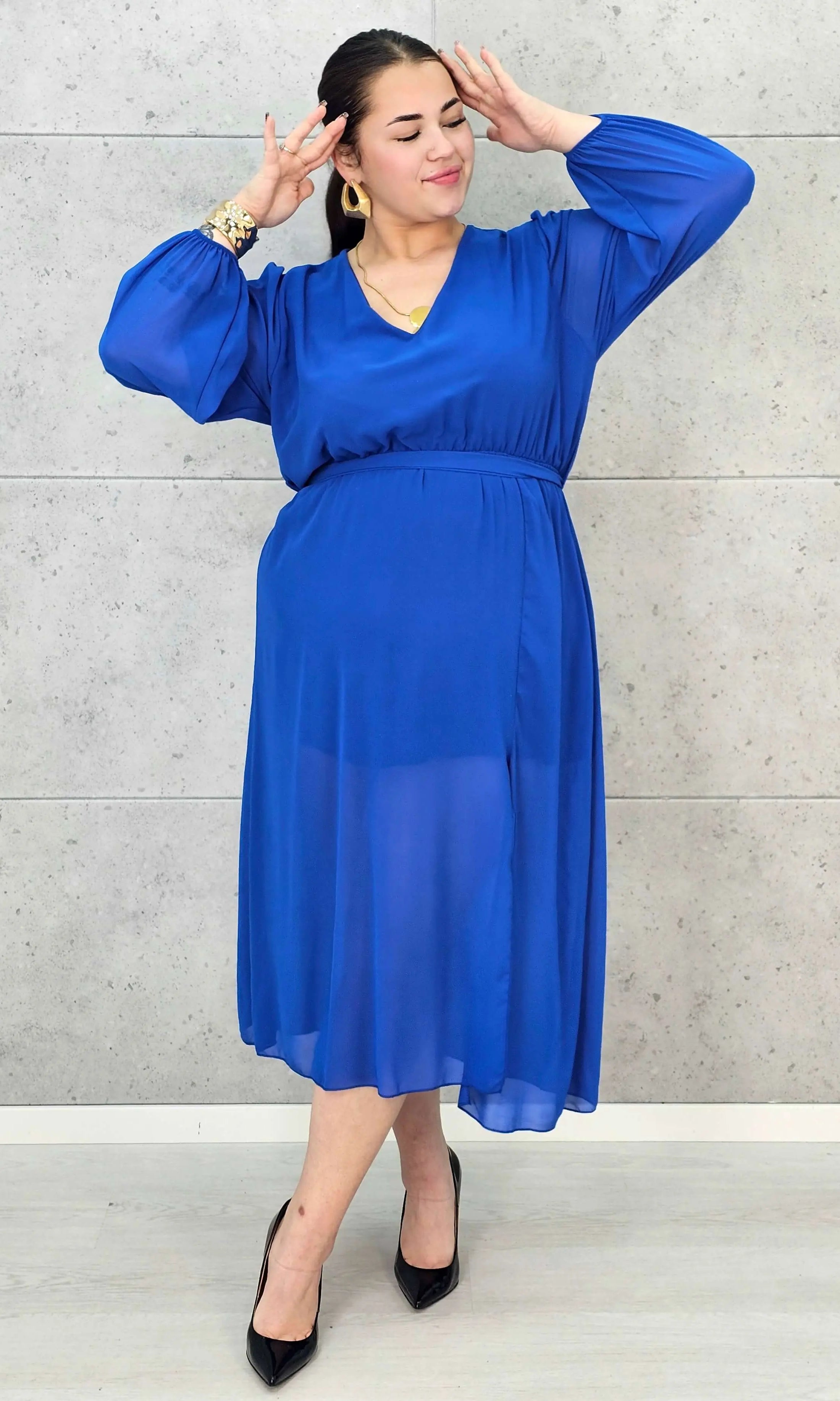 Sukienka Plus Size Dekolt w Serek – Talia z Gumką, Pasek, Podszewka XXL Stylowa XL