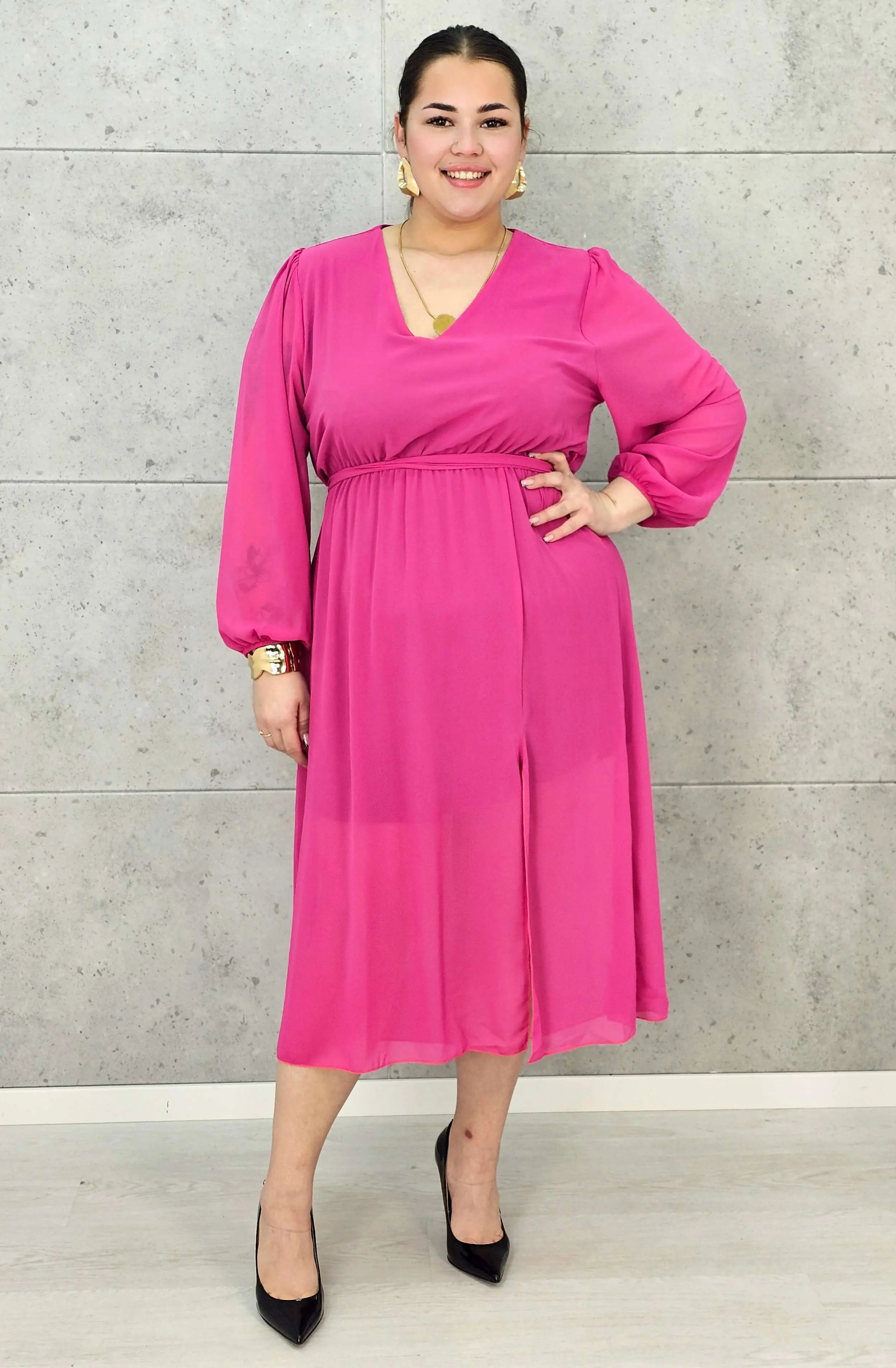 Sukienka Plus Size Dekolt w Serek – Talia z Gumką, Pasek, Podszewka XXL Stylowa XL