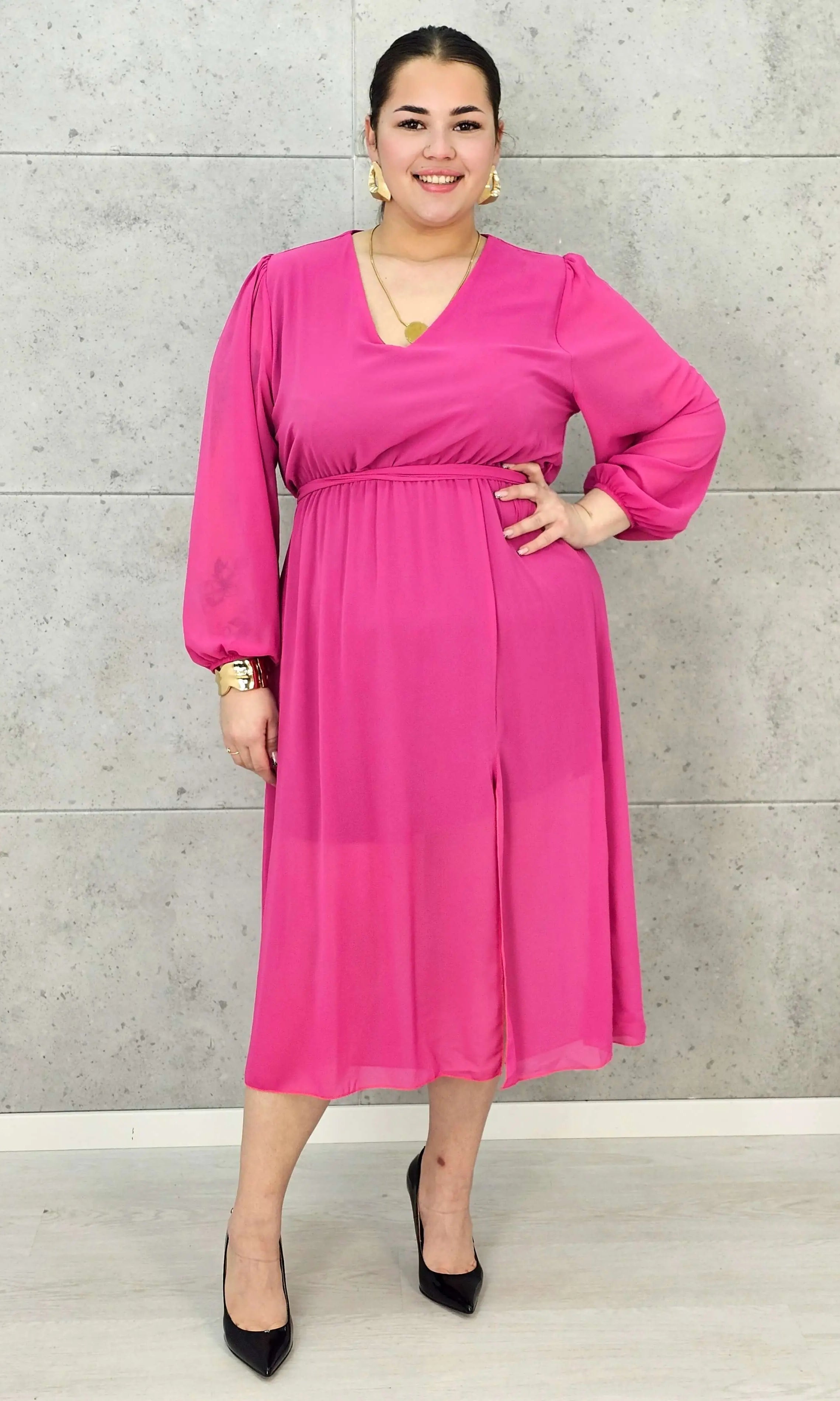Sukienka Plus Size Dekolt w Serek – Talia z Gumką, Pasek, Podszewka XXL Stylowa XL