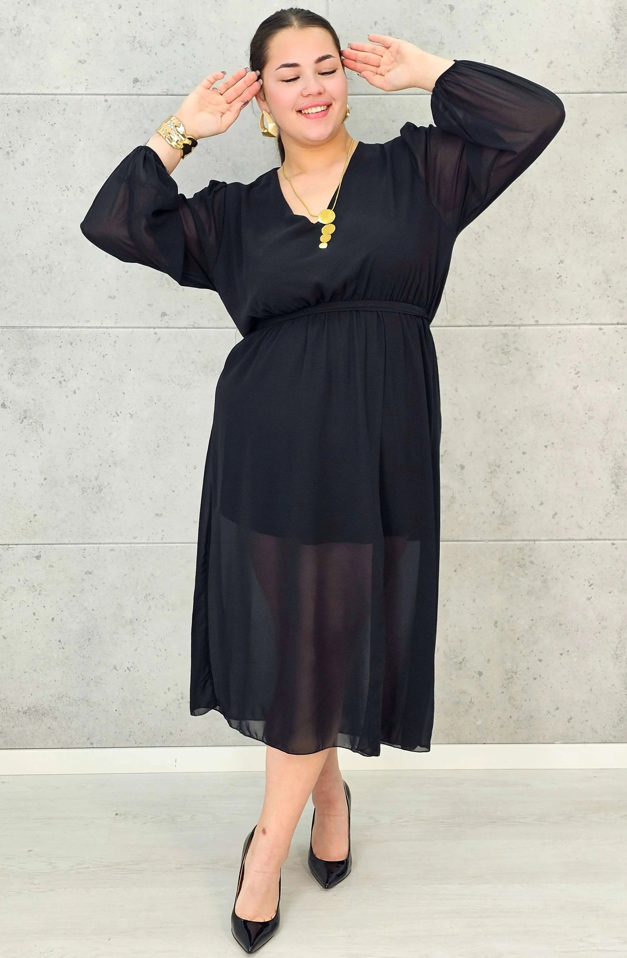 Sukienka Plus Size Dekolt w Serek – Talia z Gumką, Pasek, Podszewka XXL Stylowa XL