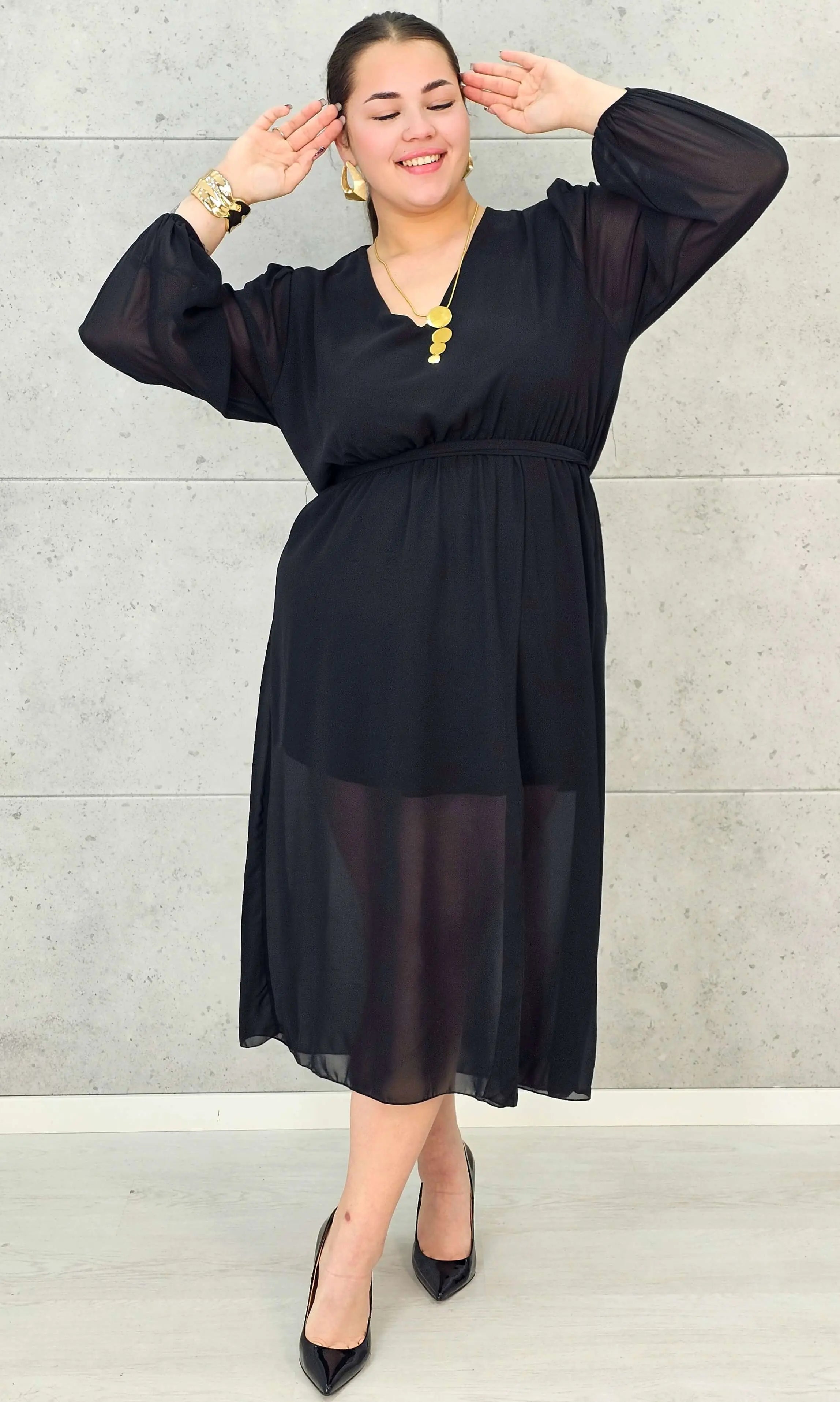 Sukienka Plus Size Dekolt w Serek – Talia z Gumką, Pasek, Podszewka XXL Stylowa XL