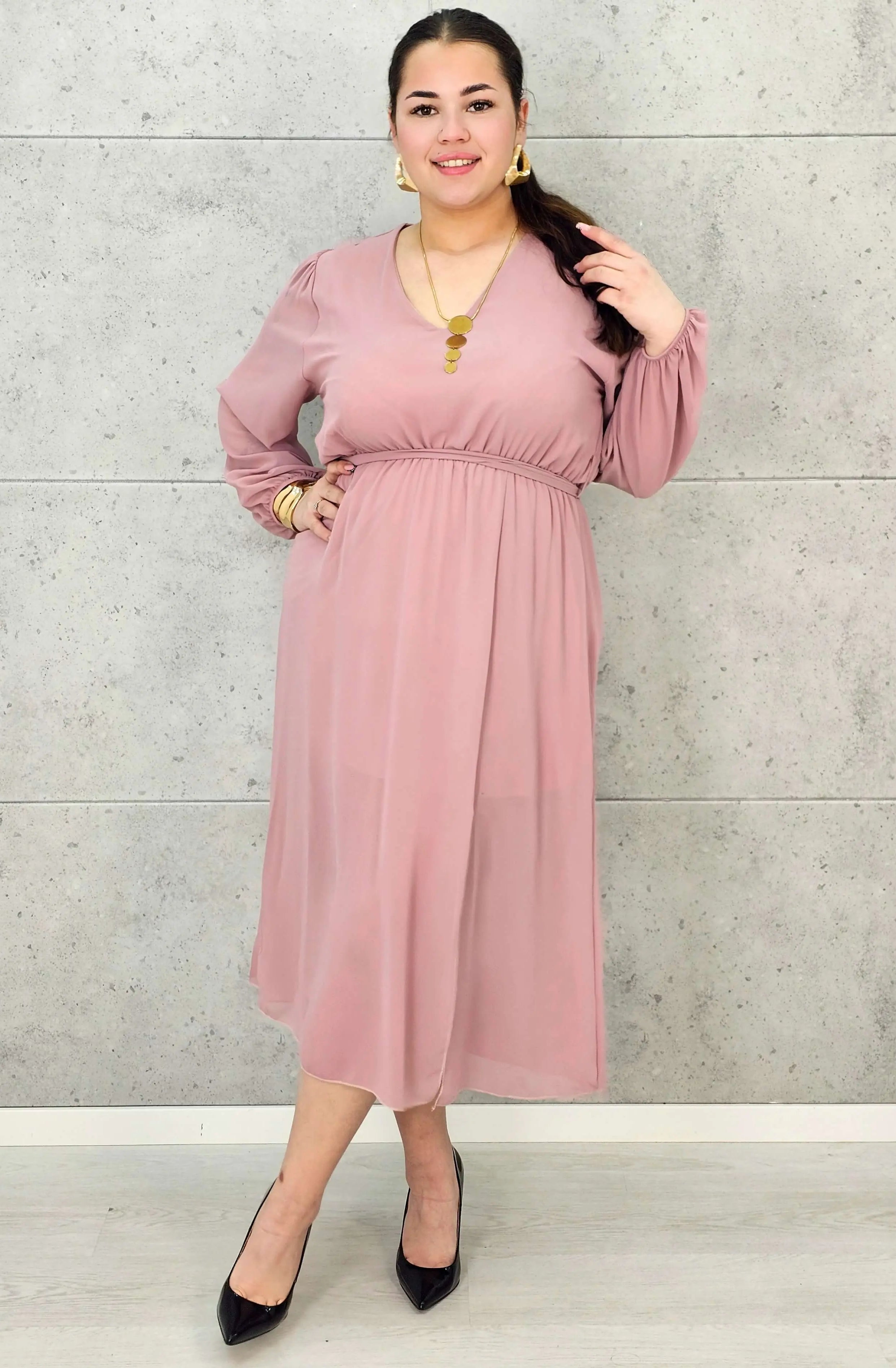 Sukienka Plus Size Dekolt w Serek – Talia z Gumką, Pasek, Podszewka XXL Stylowa XL