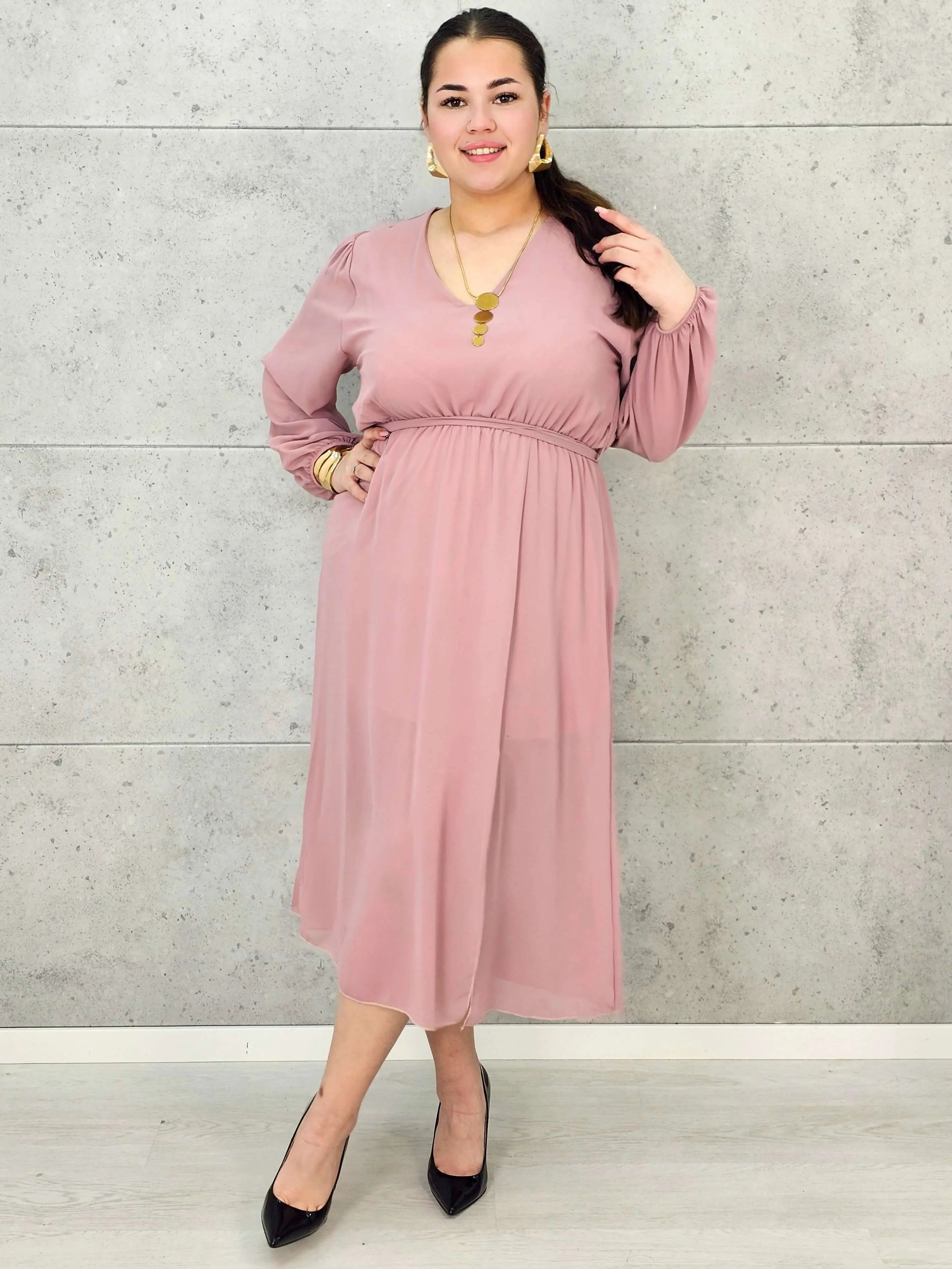 Sukienka Plus Size Dekolt w Serek – Talia z Gumką, Pasek, Podszewka XXL Stylowa XL